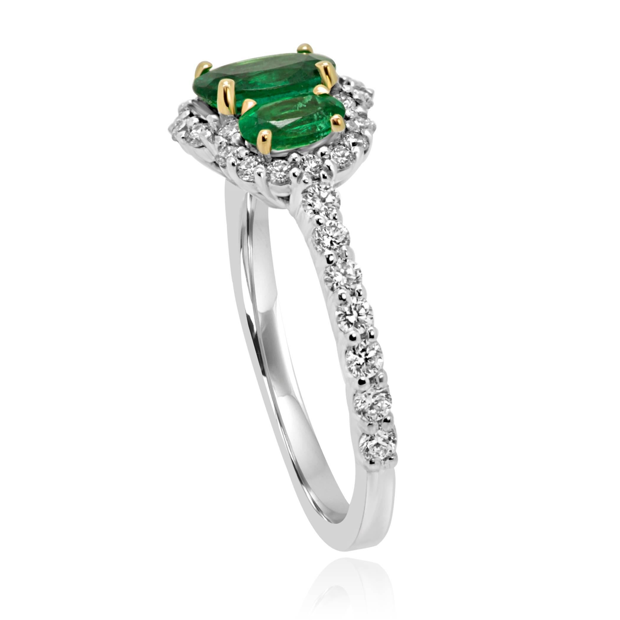 Women's Emerald Diamond Three-Stone Halo Two-Color Gold Ring