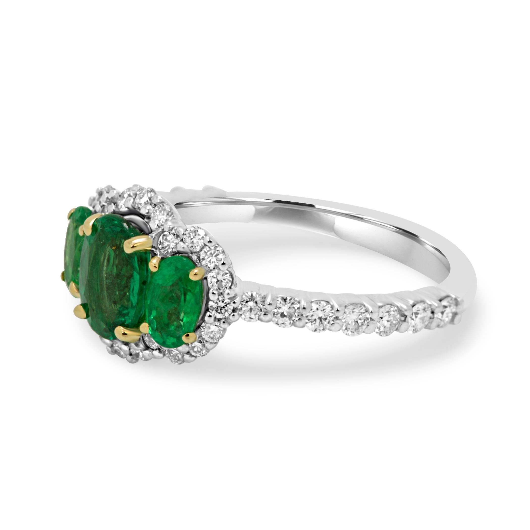Oval Cut Emerald Diamond Three-Stone Halo Two-Color Gold Ring