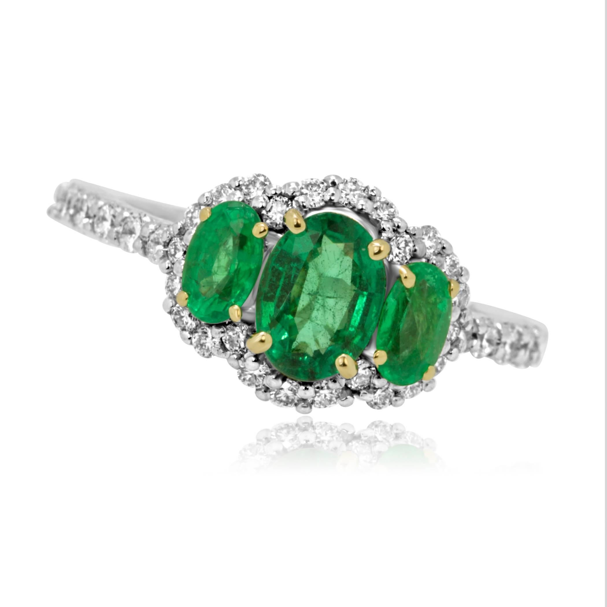 Contemporary Emerald Diamond Three-Stone Halo Two-Color Gold Ring