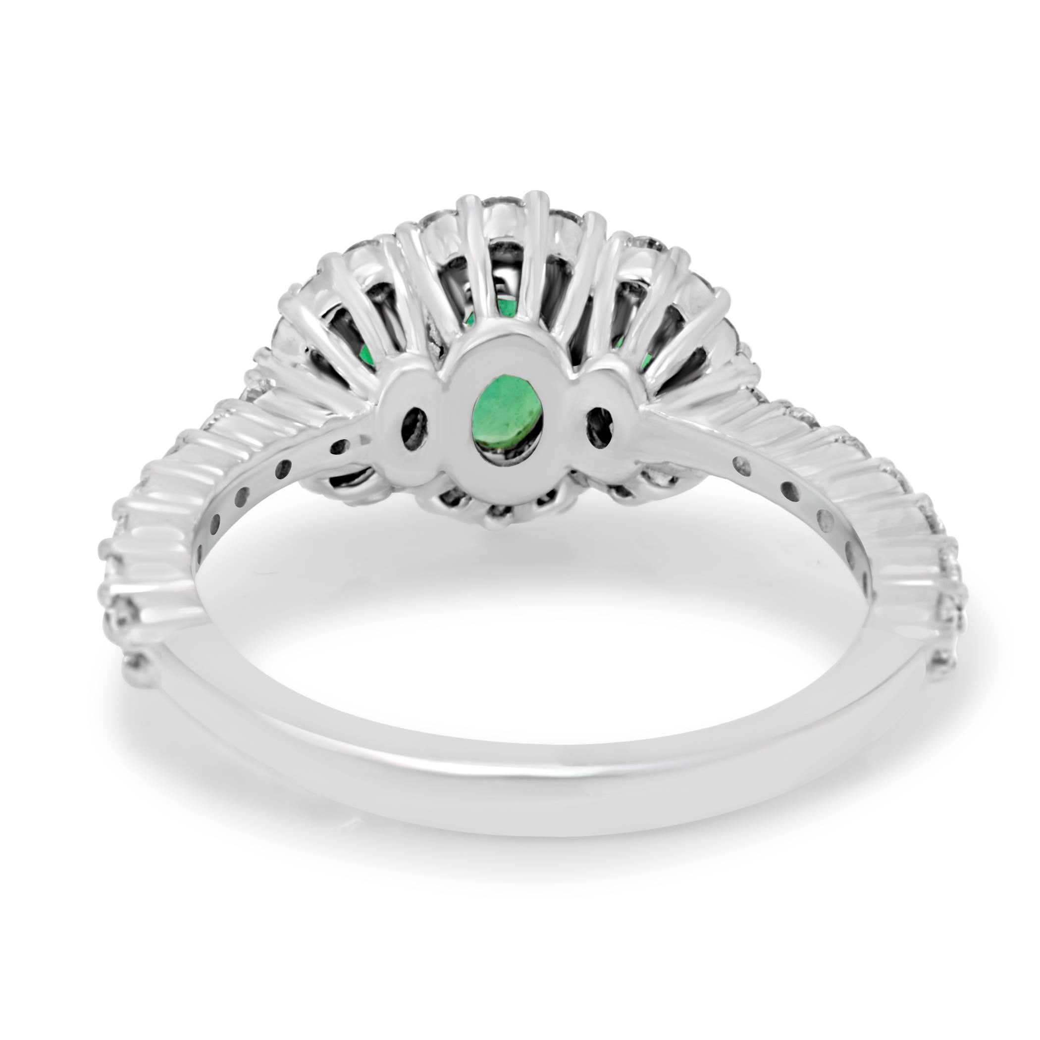 Emerald Diamond Three-Stone Halo Two-Color Gold Ring 1