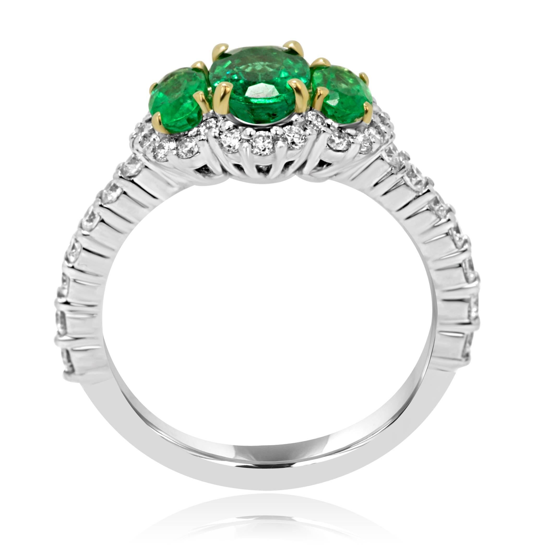 Emerald Diamond Three-Stone Halo Two-Color Gold Ring In New Condition In NEW YORK, NY