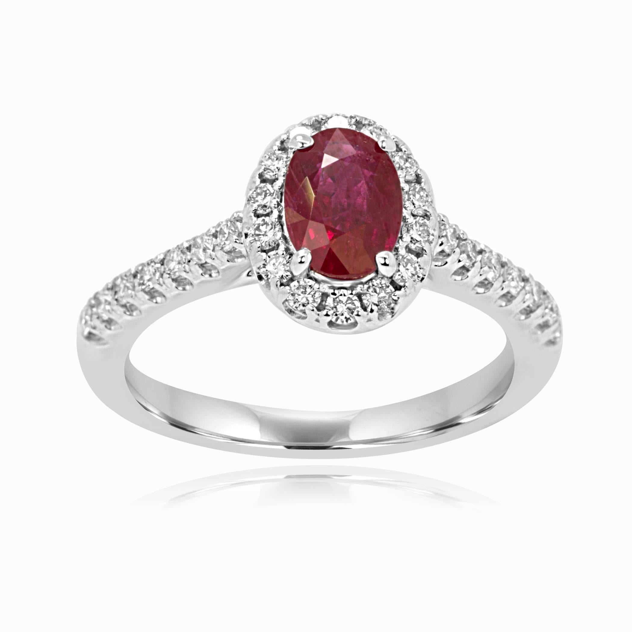 Ruby Oval 0.92 Carat encircled in a single halo of White Round Diamonds 0.38 Carat in a Classic ring 14K White Gold.

Style available in different price ranges. Prices are based on your selection of 4C's Cut, Color, Carat, Clarity. Please contact us