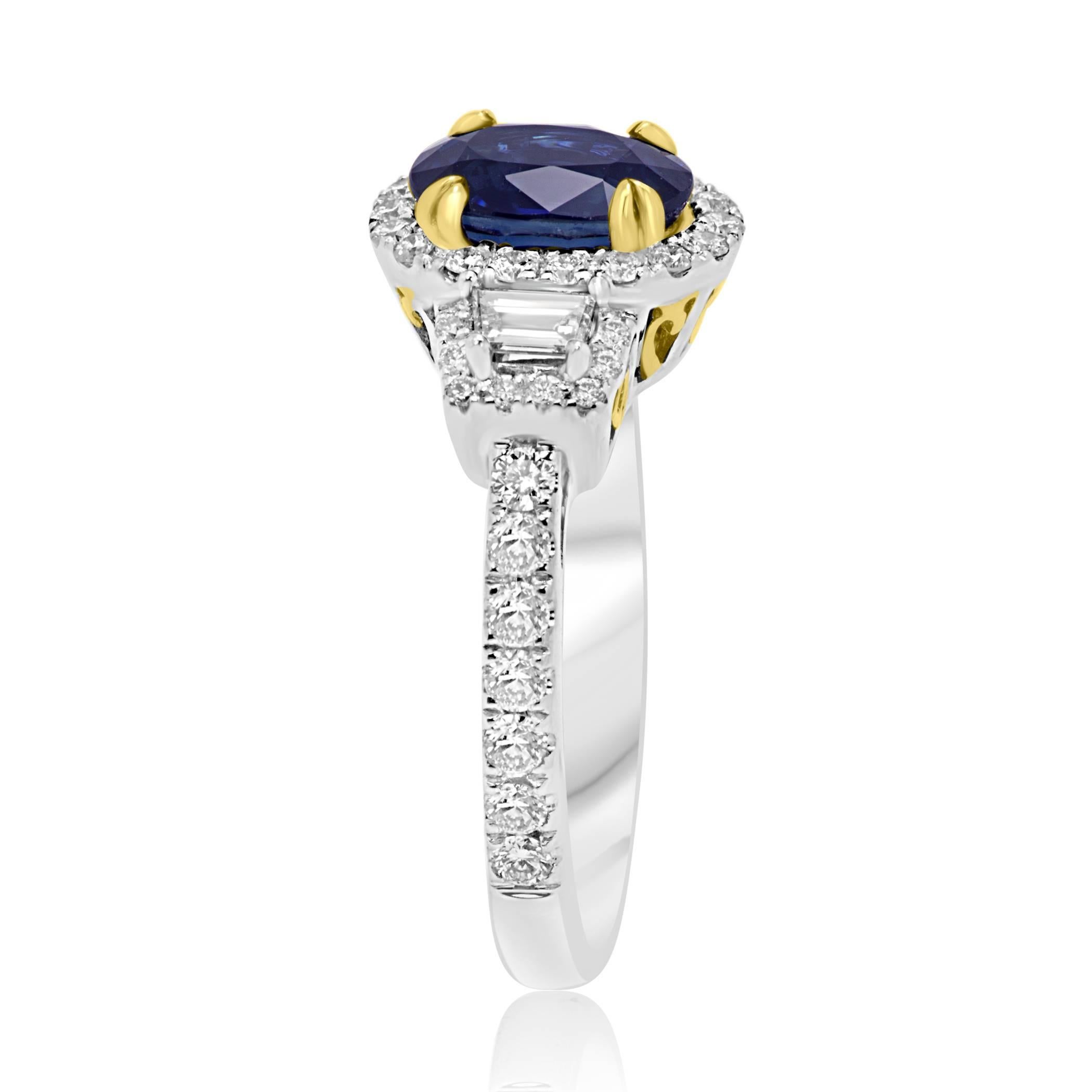Oval Cut Sapphire Diamond Three-Stone Halo Two Color Gold Ring