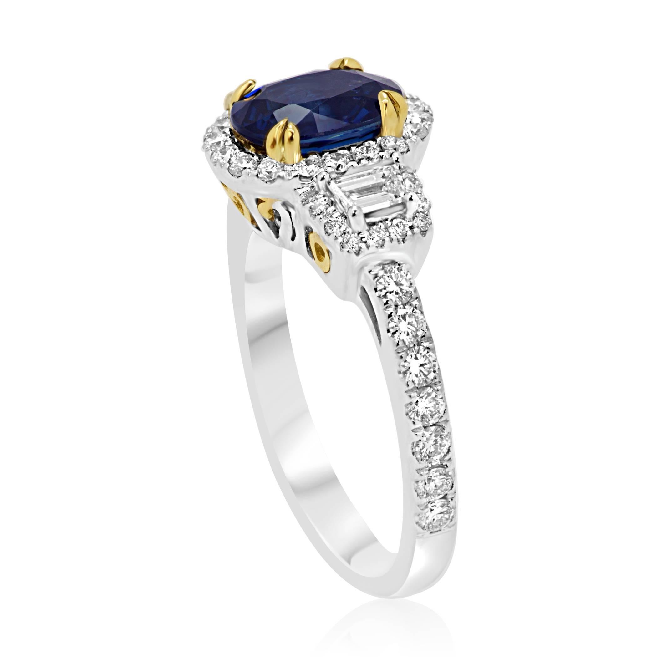 Sapphire Diamond Three-Stone Halo Two Color Gold Ring In New Condition In NEW YORK, NY