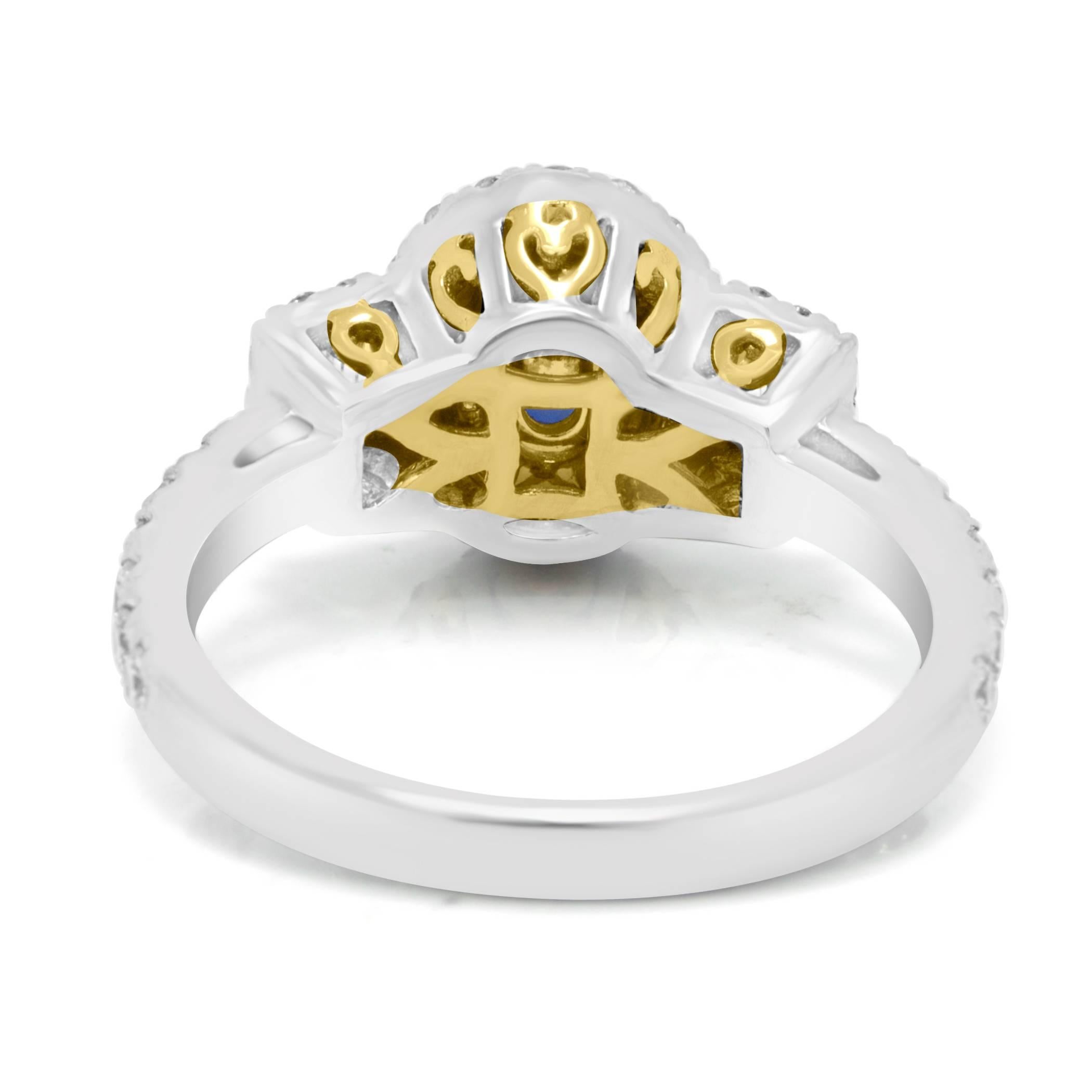 Women's Sapphire Diamond Three-Stone Halo Two Color Gold Ring
