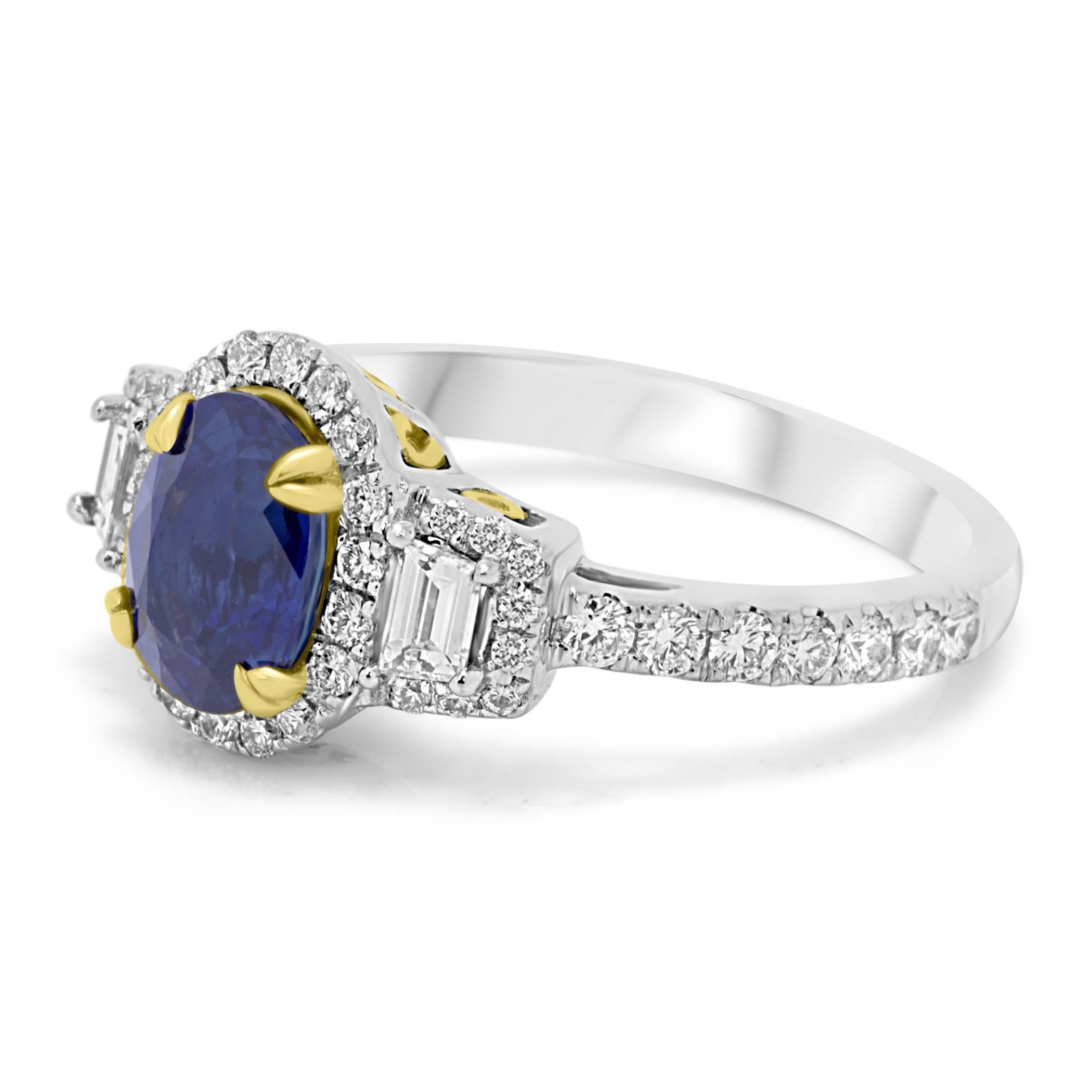 Modern Sapphire Diamond Three-Stone Halo Two Color Gold Ring