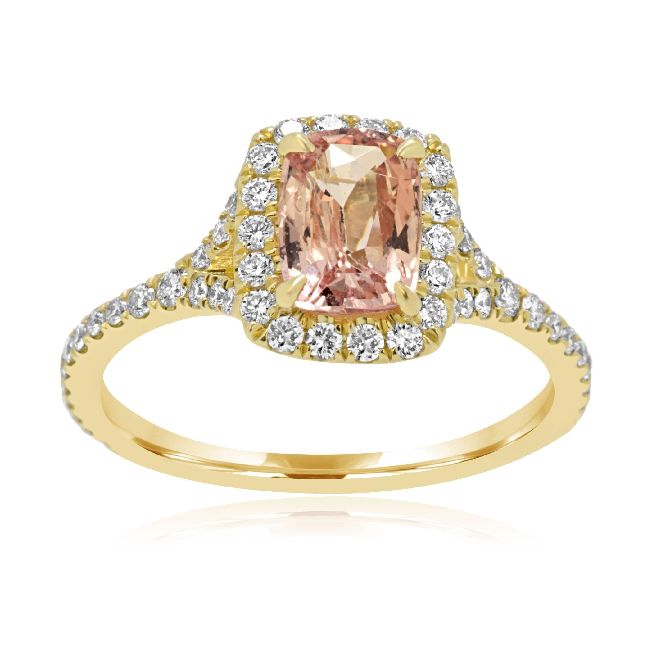 Very Rare Padparadscha Sapphire Cushion 1.27 Carat encircled in a single Halo of White Round Diamonds 0.57 Carat in 18K Yellow Gold Ring.

Style available in different price ranges. Prices are based on your selection of 4C's Cut, Color, Carat,