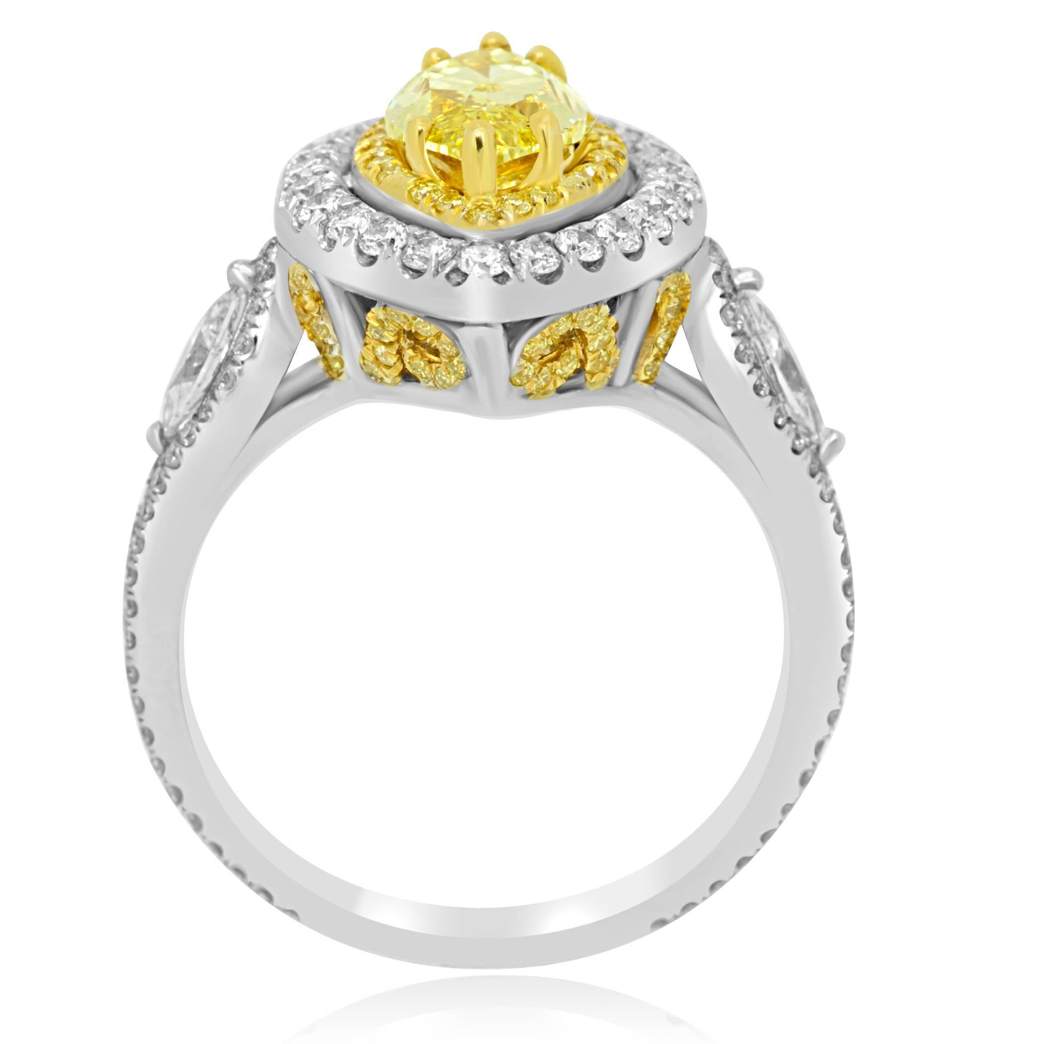 GIA Certified Fancy Intense Yellow Diamond Double Halo Two Color Gold Ring In New Condition In NEW YORK, NY