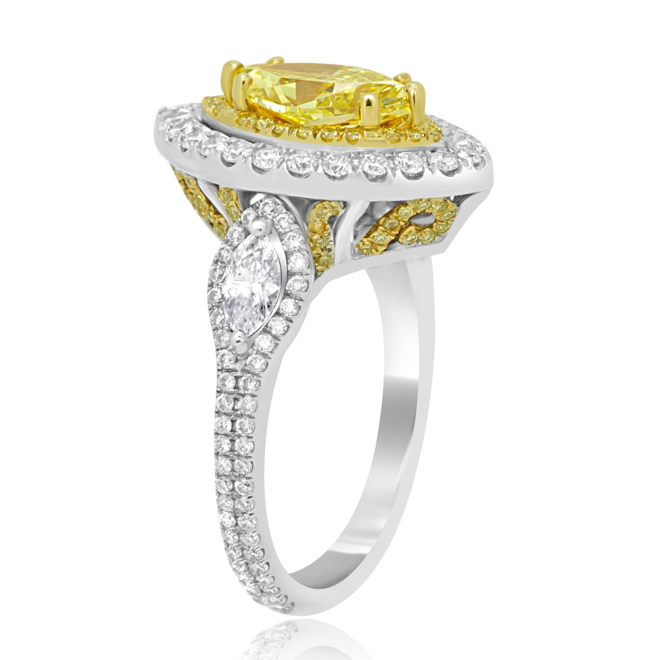 Modern GIA Certified Fancy Intense Yellow Diamond Double Halo Two Color Gold Ring