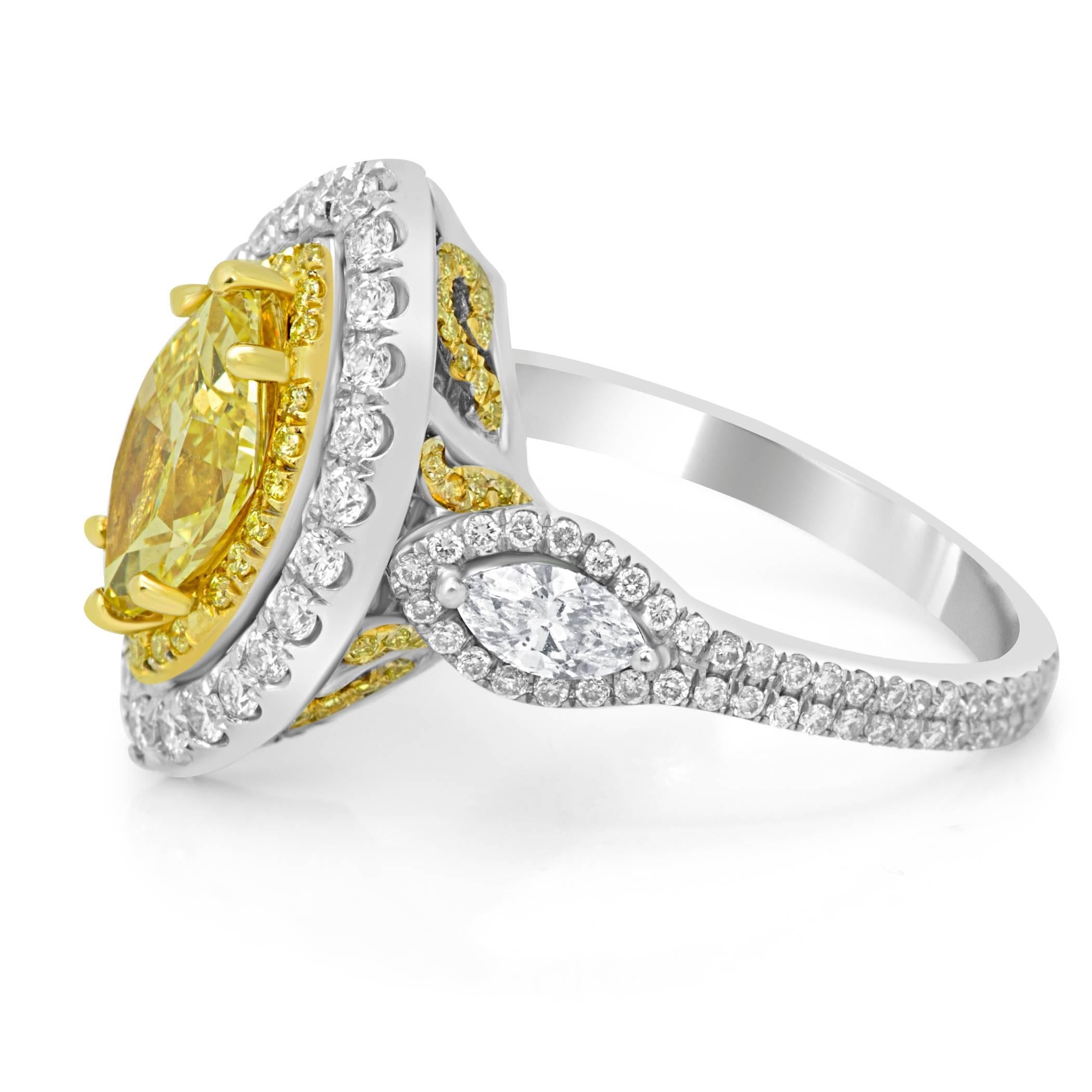 Marquise Cut GIA Certified Fancy Intense Yellow Diamond Double Halo Two Color Gold Ring