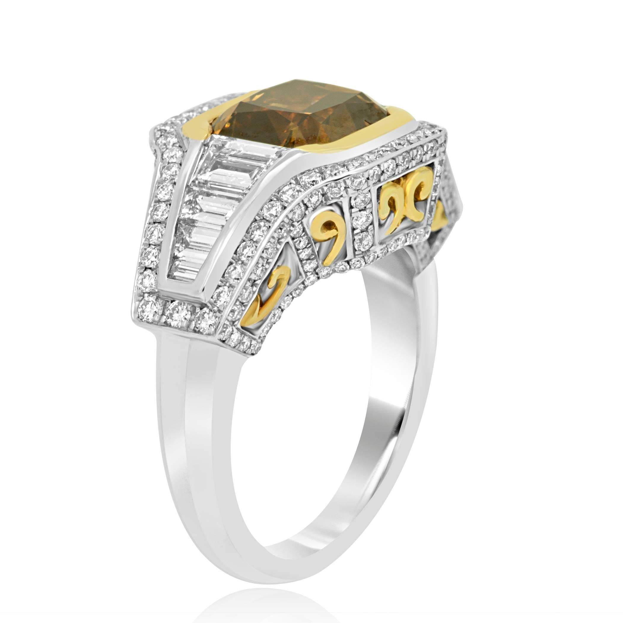 Cushion Cut GIA Certified Fancy Orangish Brown Diamond Halo Two Color Gold Cocktail Ring
