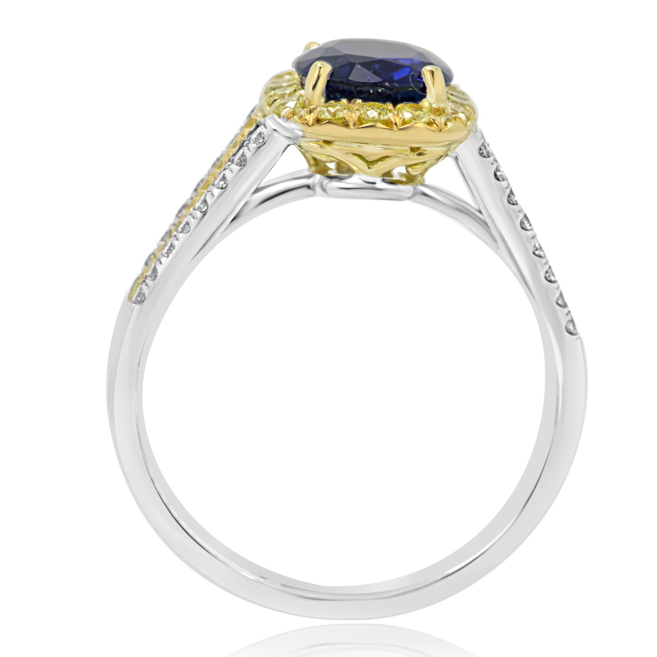 Blue Sapphire Diamond Halo Two-Color Gold Ring In New Condition In NEW YORK, NY
