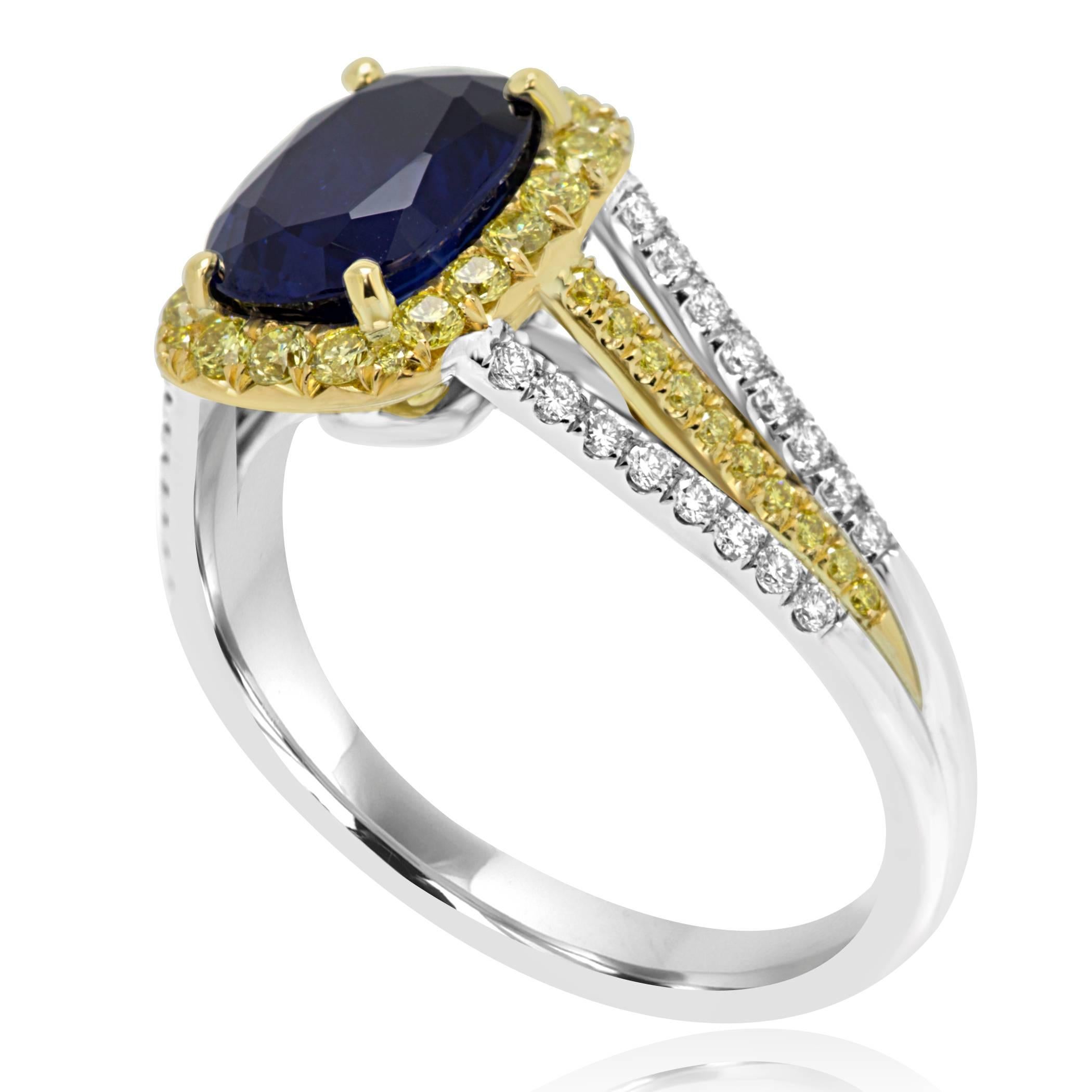 Oval Cut Blue Sapphire Diamond Halo Two-Color Gold Ring