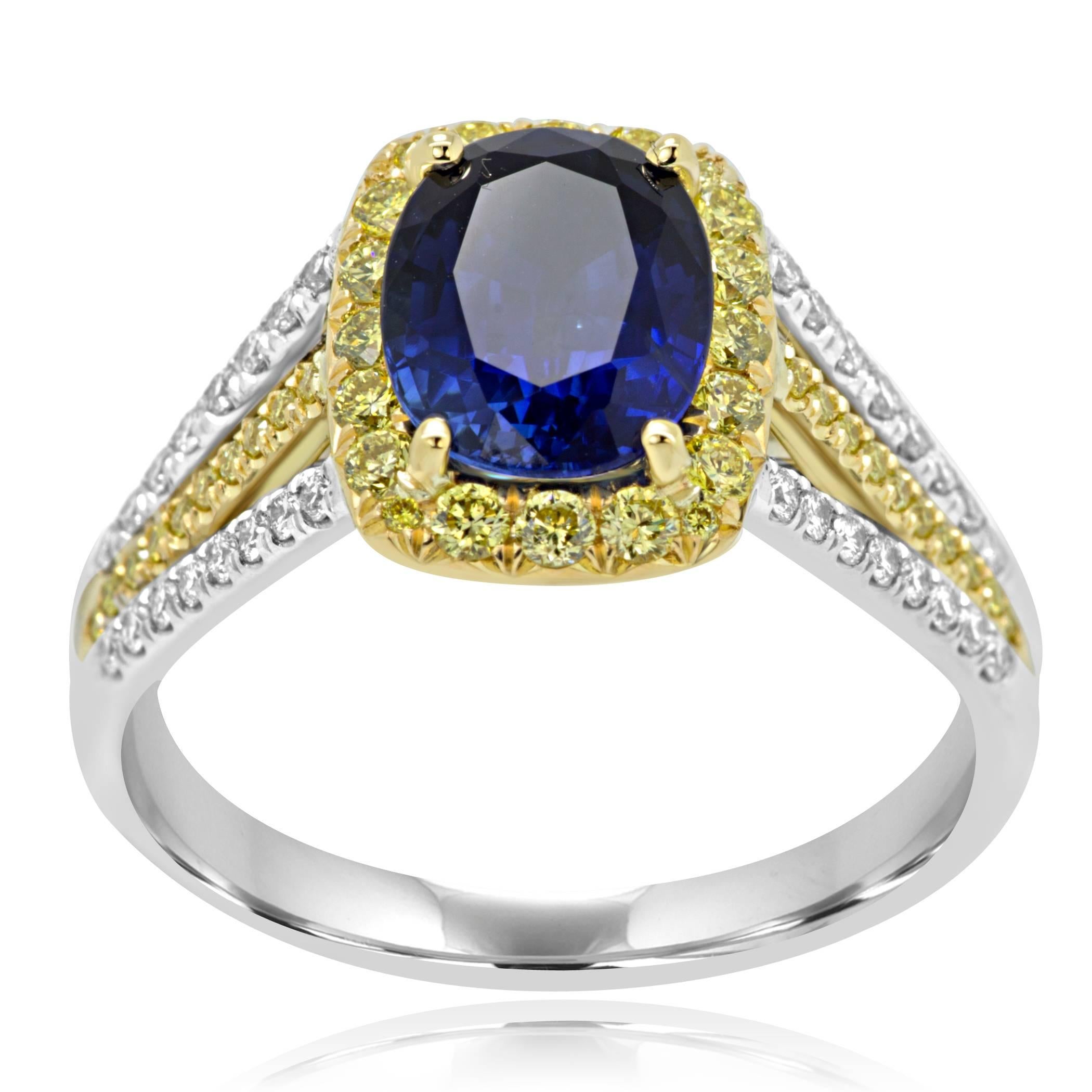 Blue Sapphire oval 2.25 Carat Encircled in a Halo of Natural Fancy Yellow Diamonds 0.36 Carat with White Diamond Rounds 0.21 Carat on the Shank in 18K White and Yellow Gold Ring.

Style available in different price ranges. Prices are based on your