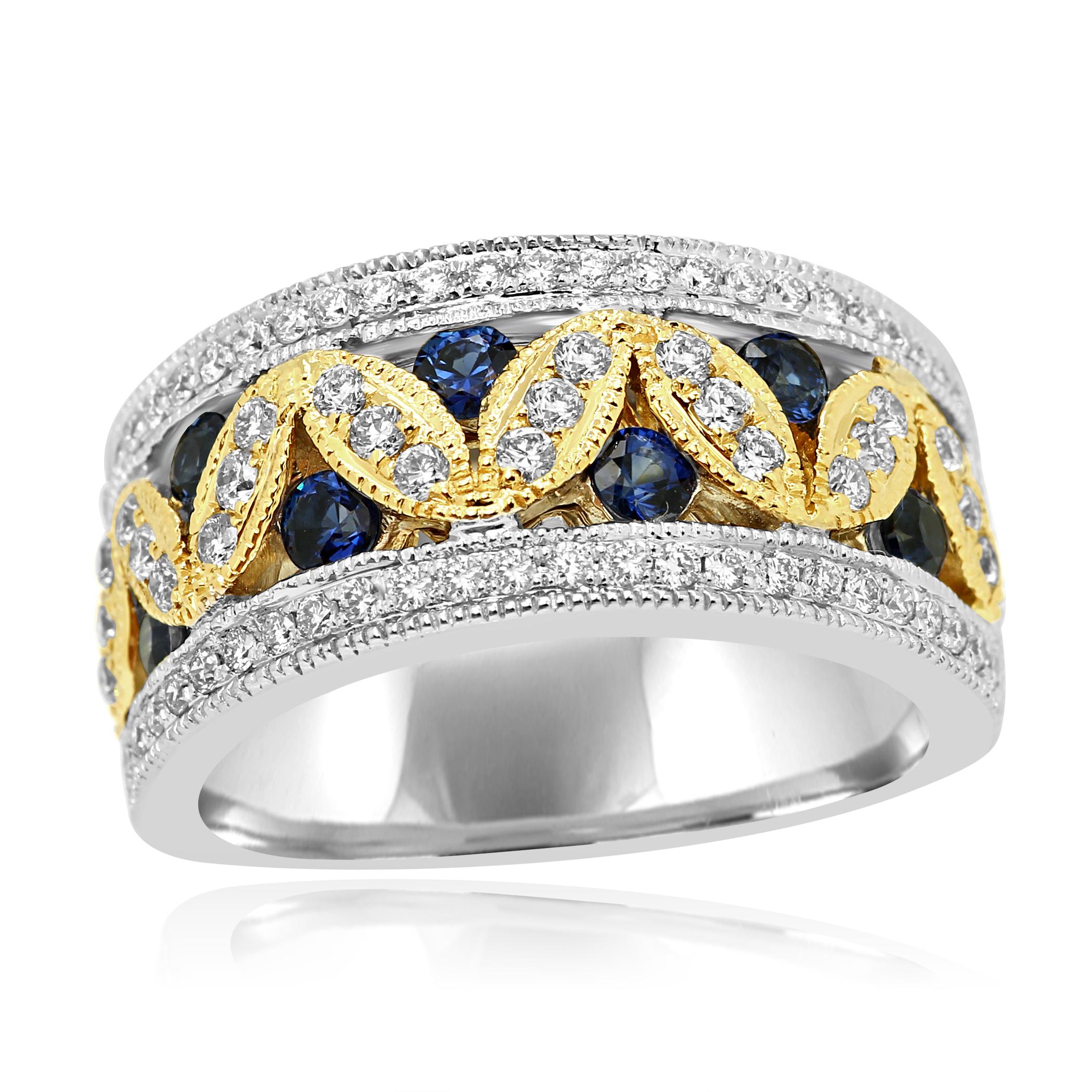 7 Blue Sapphire Round 0.57 Carat Set with White Diamond Rounds 0.58 Carats in a Stunning and Stylish 14K White and Yellow Gold Band Ring.

Total Blue Sapphire Weight 0.57 Carat
Total diamond Weight 0.58 Carat
   