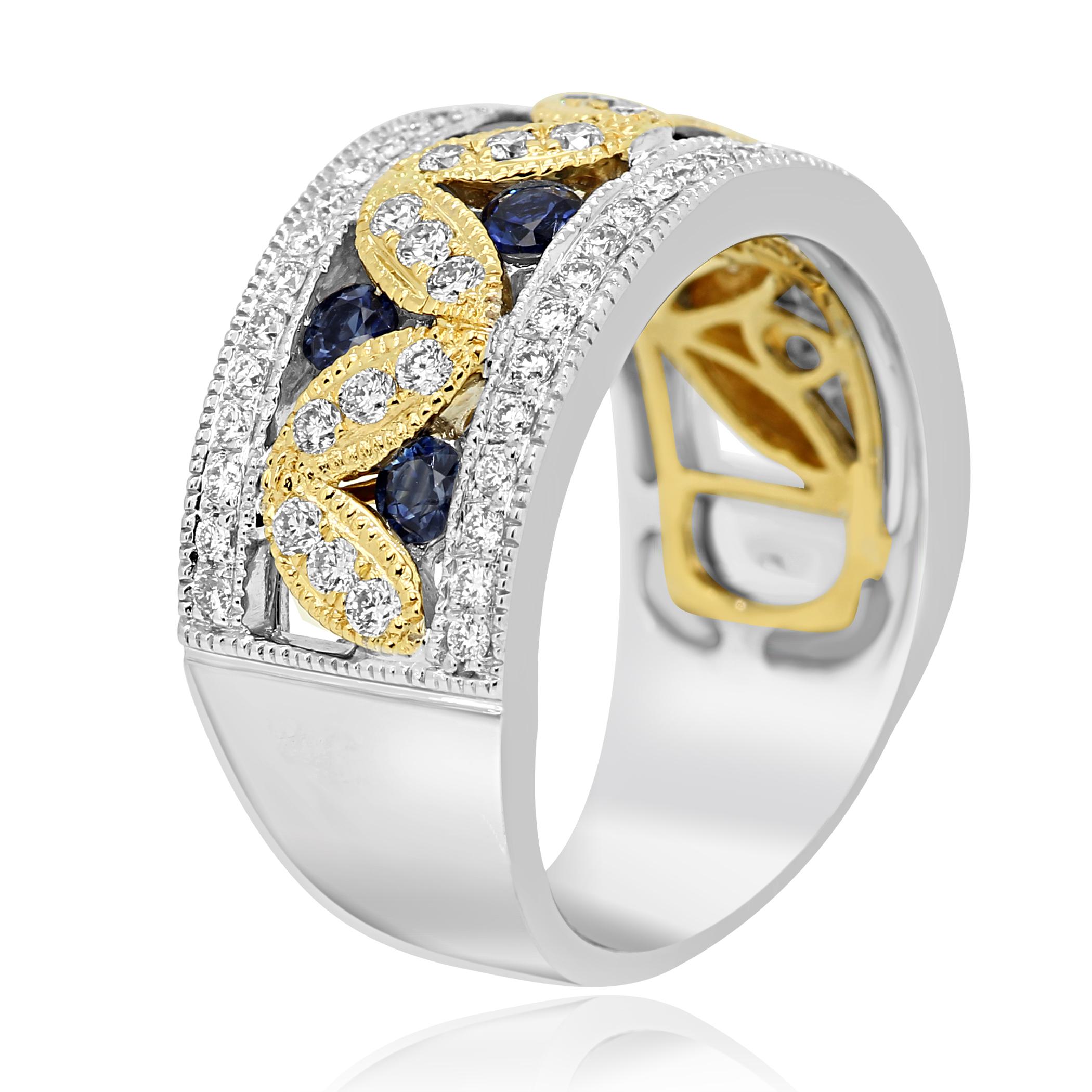 Round Cut Blue Sapphire Round White Diamond Two-Color Gold Cocktail Fashion Band Ring