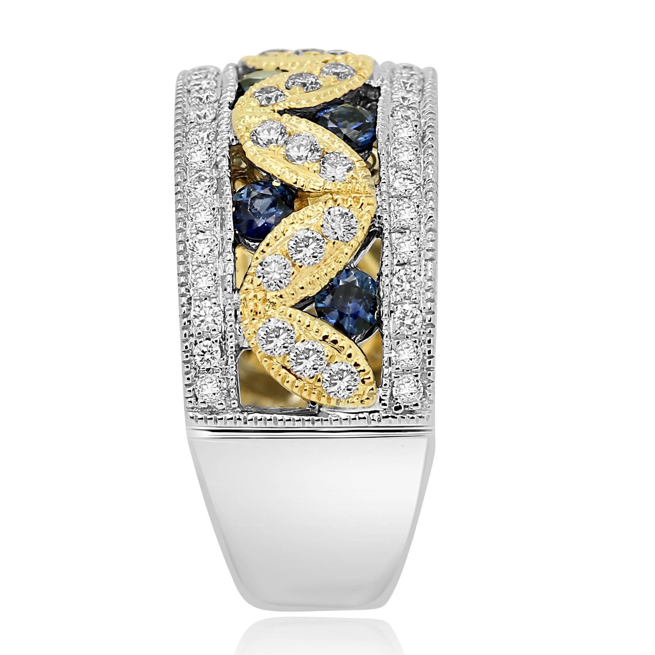 Modern Blue Sapphire Round White Diamond Two-Color Gold Cocktail Fashion Band Ring
