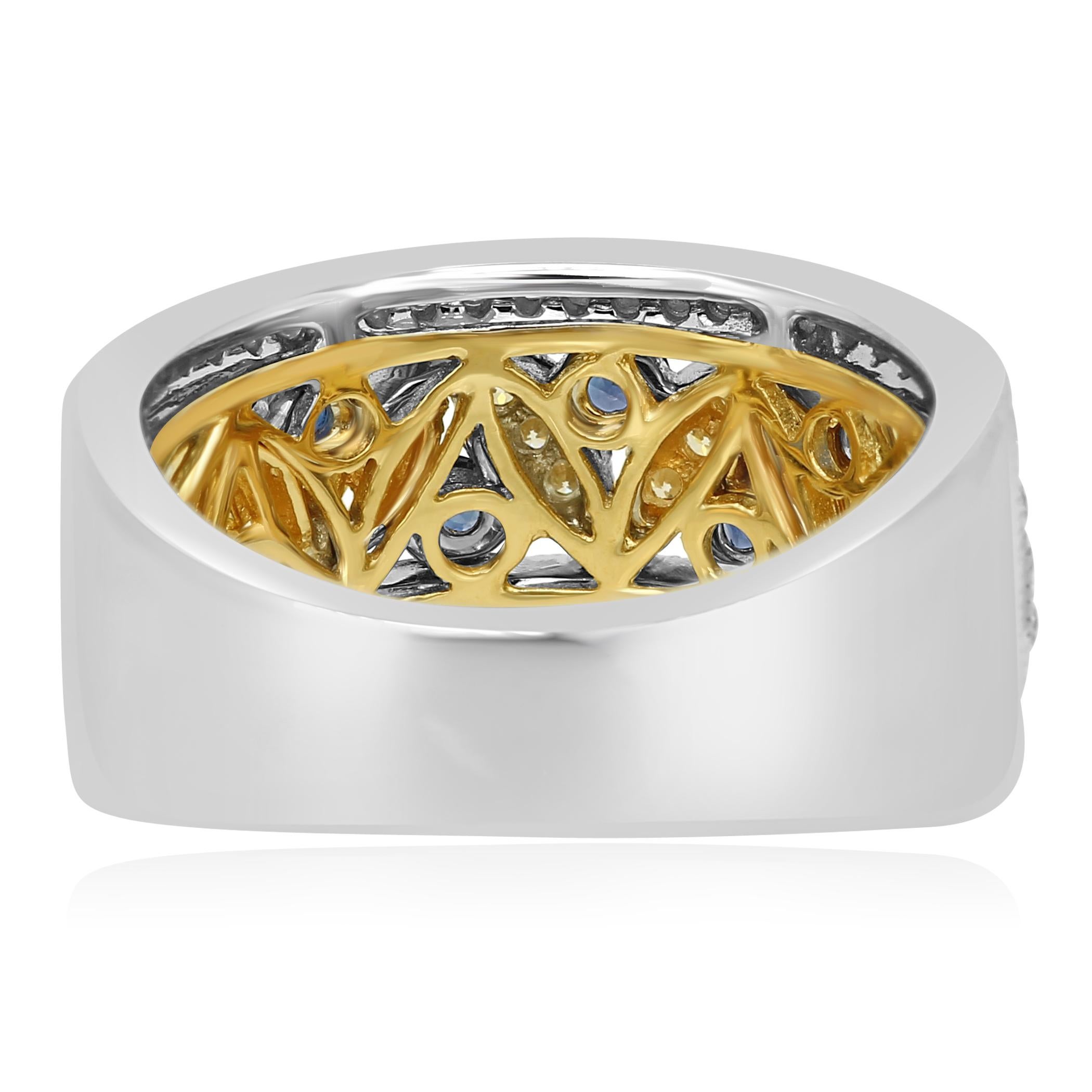 Women's Blue Sapphire Round White Diamond Two-Color Gold Cocktail Fashion Band Ring