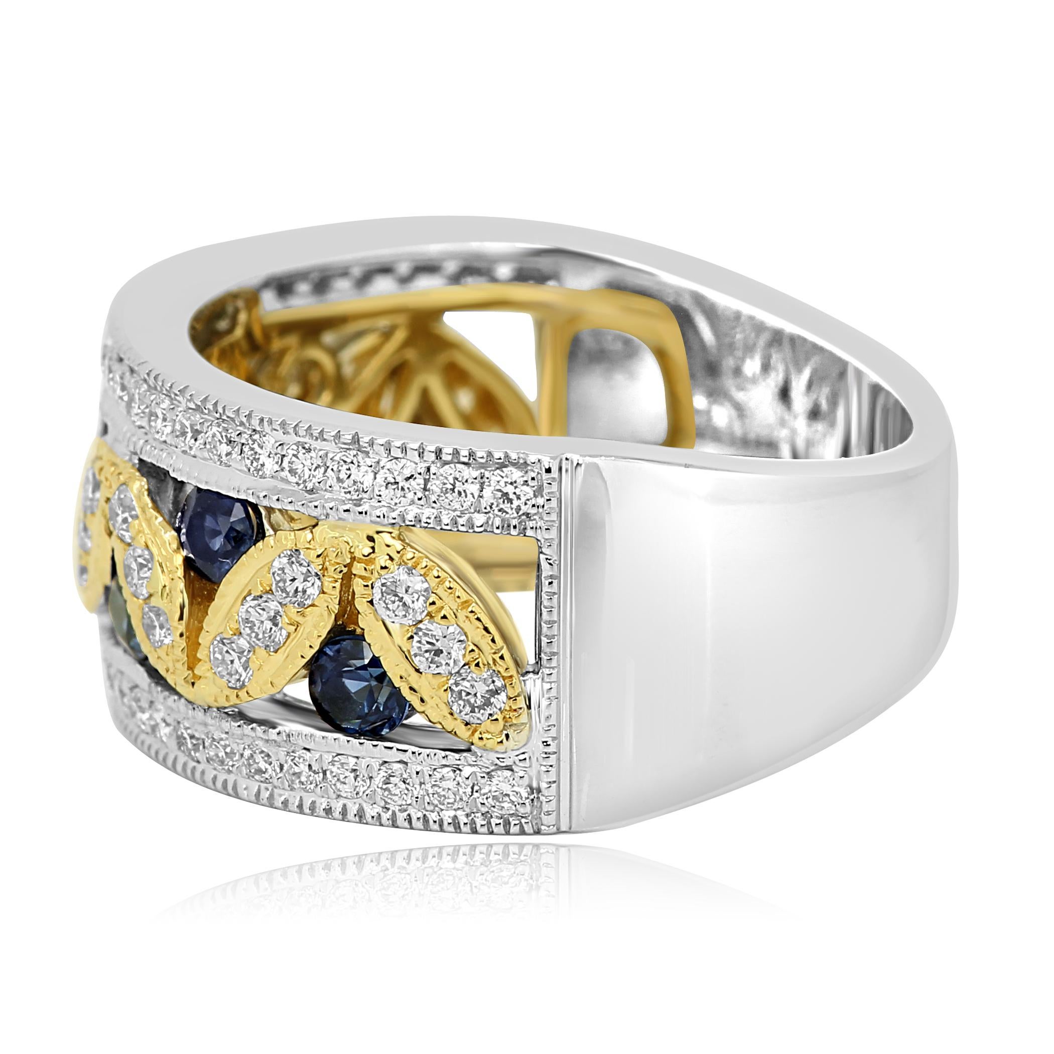 Blue Sapphire Round White Diamond Two-Color Gold Cocktail Fashion Band Ring In New Condition In NEW YORK, NY