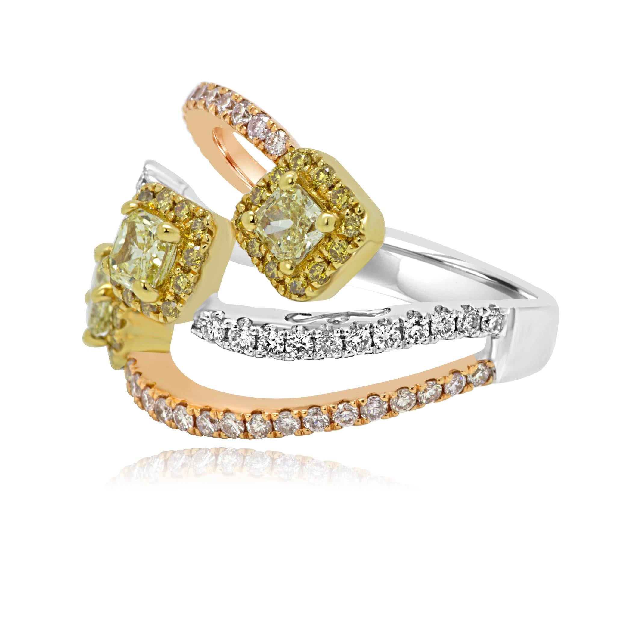 Contemporary Natural Fancy Yellow and Pink Diamond White Diamond Three-Color Gold Halo Ring
