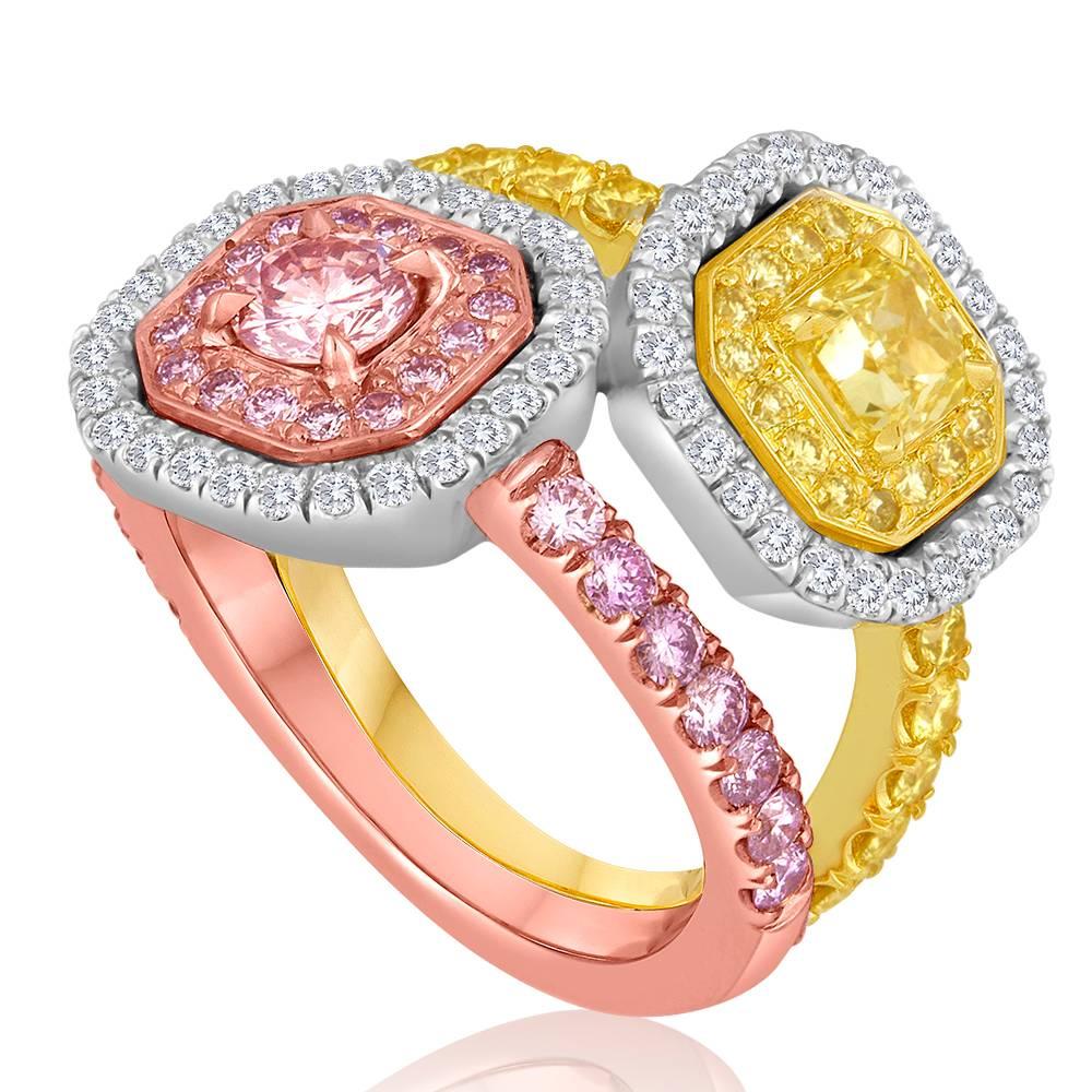 1 Natural Fancy Pink Diamond Round Brilliant SI1 Clarity 0.36 Carat, encircled in a halo of Natural Fancy Pink Round Diamond Brilliant VS-SI Clarity 0.61 carat and 1 Natural Fancy yellow Cushion Diamond VS-SI Clarity Encircled in 0.59 Carat Natural