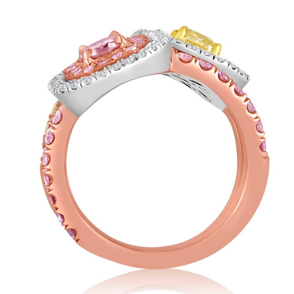 Modern Pink and Yellow Diamond Toi Et Moi Ring Three Color Gold Fashion Cocktail Ring