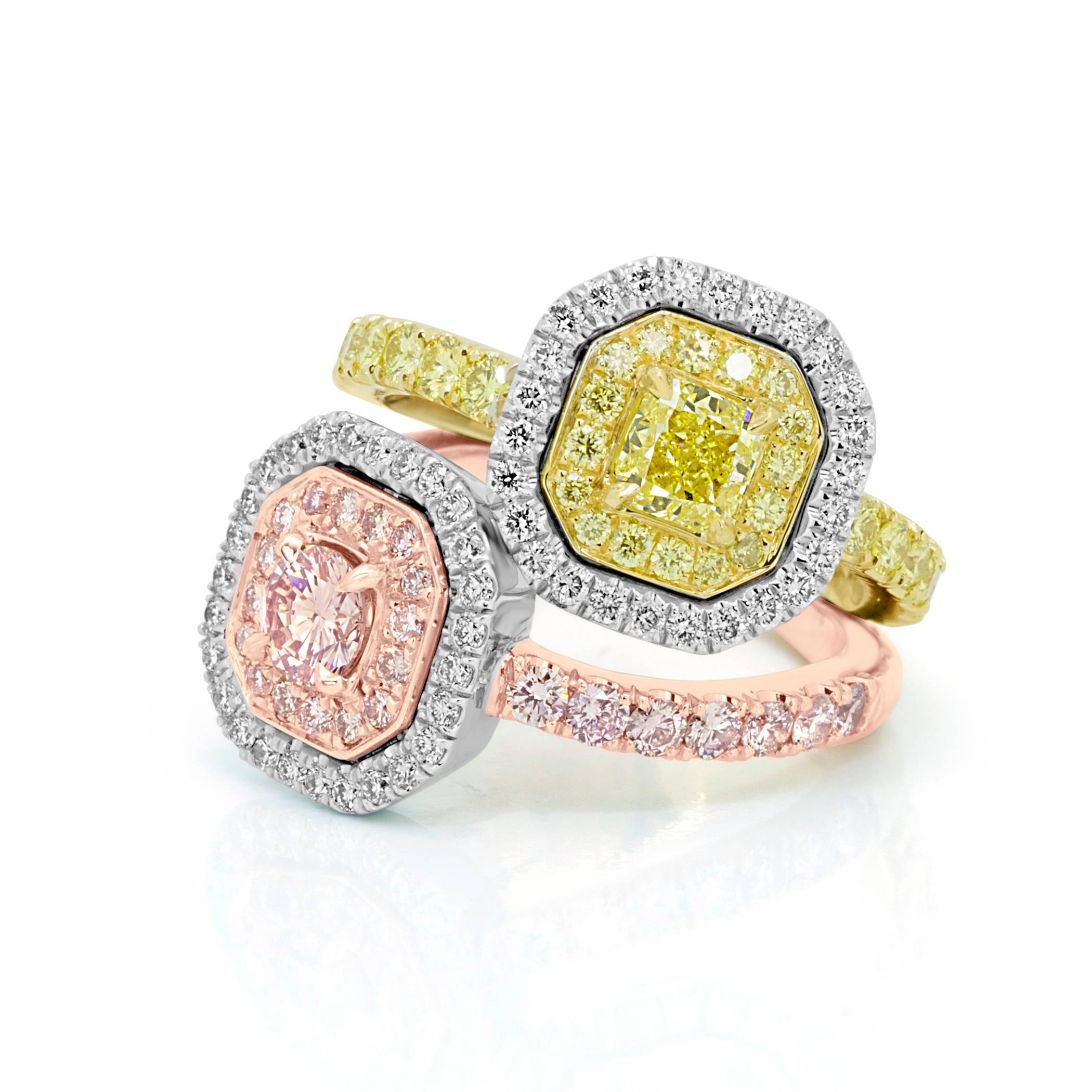 Radiant Cut Pink and Yellow Diamond Toi Et Moi Ring Three Color Gold Fashion Cocktail Ring