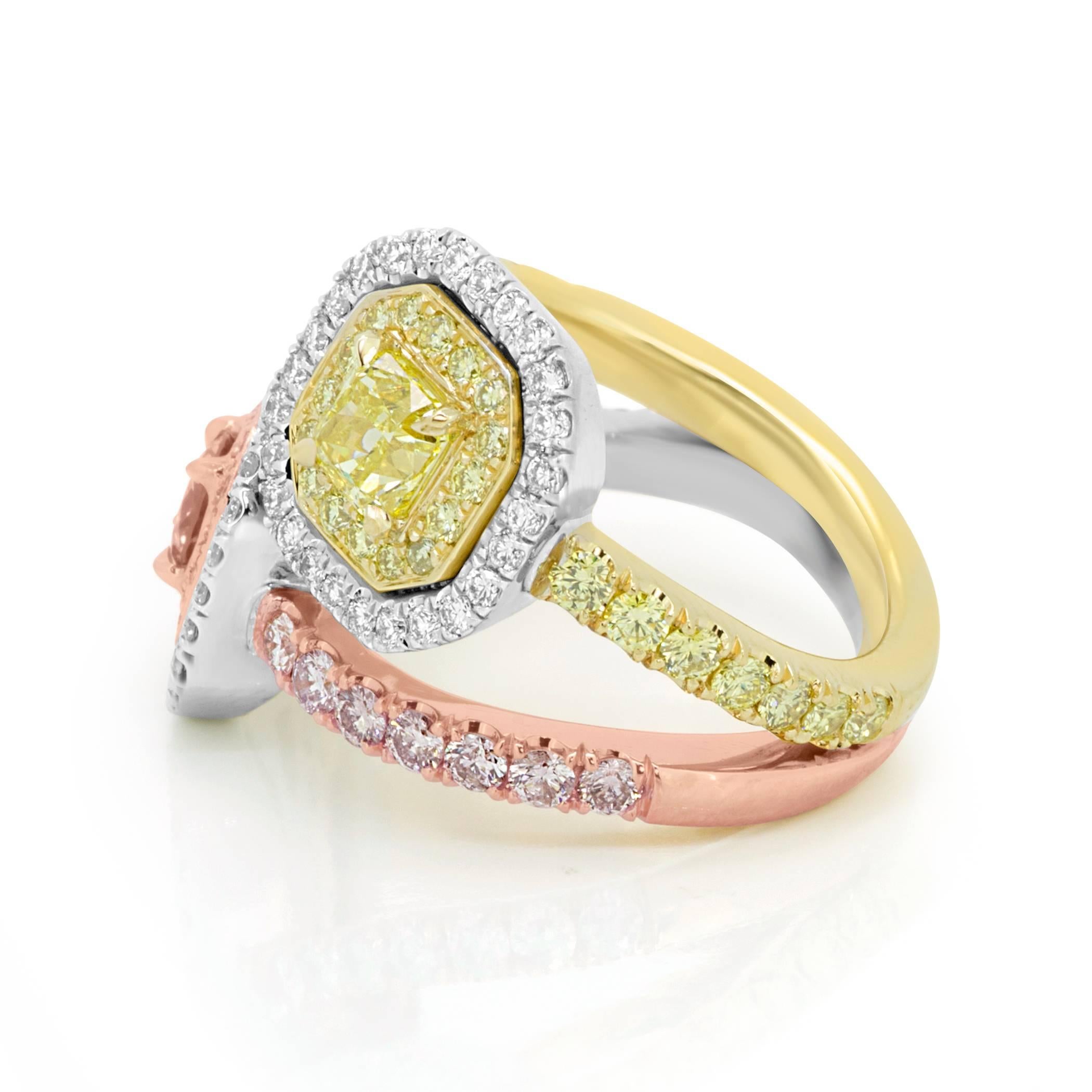 Pink and Yellow Diamond Toi Et Moi Ring Three Color Gold Fashion Cocktail Ring In New Condition In NEW YORK, NY