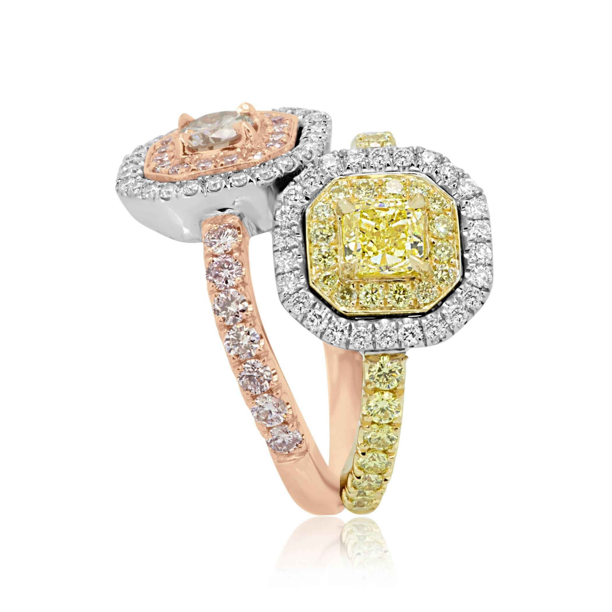 Women's or Men's Pink and Yellow Diamond Toi Et Moi Ring Three Color Gold Fashion Cocktail Ring
