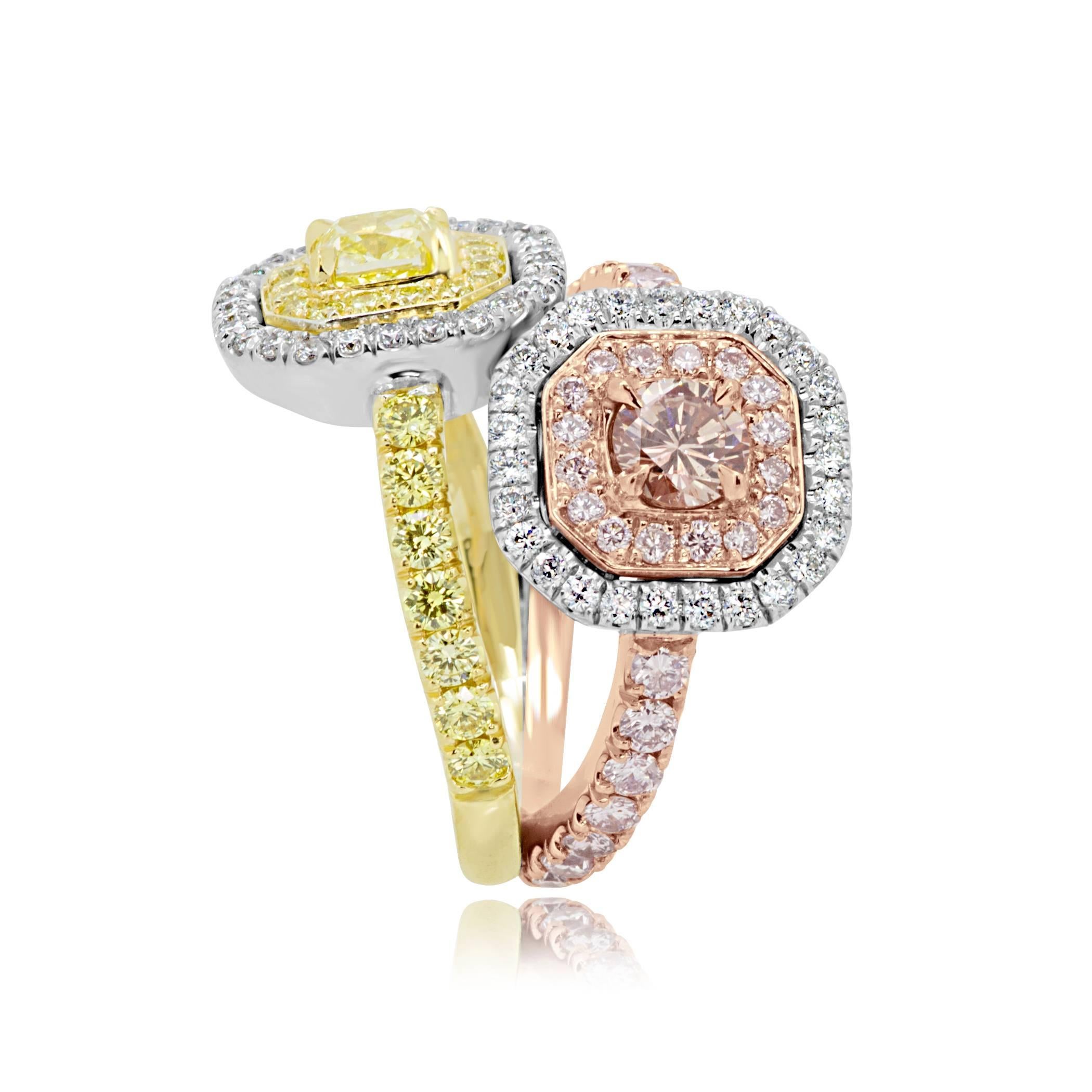 Pink and Yellow Diamond Toi Et Moi Ring Three Color Gold Fashion Cocktail Ring 1