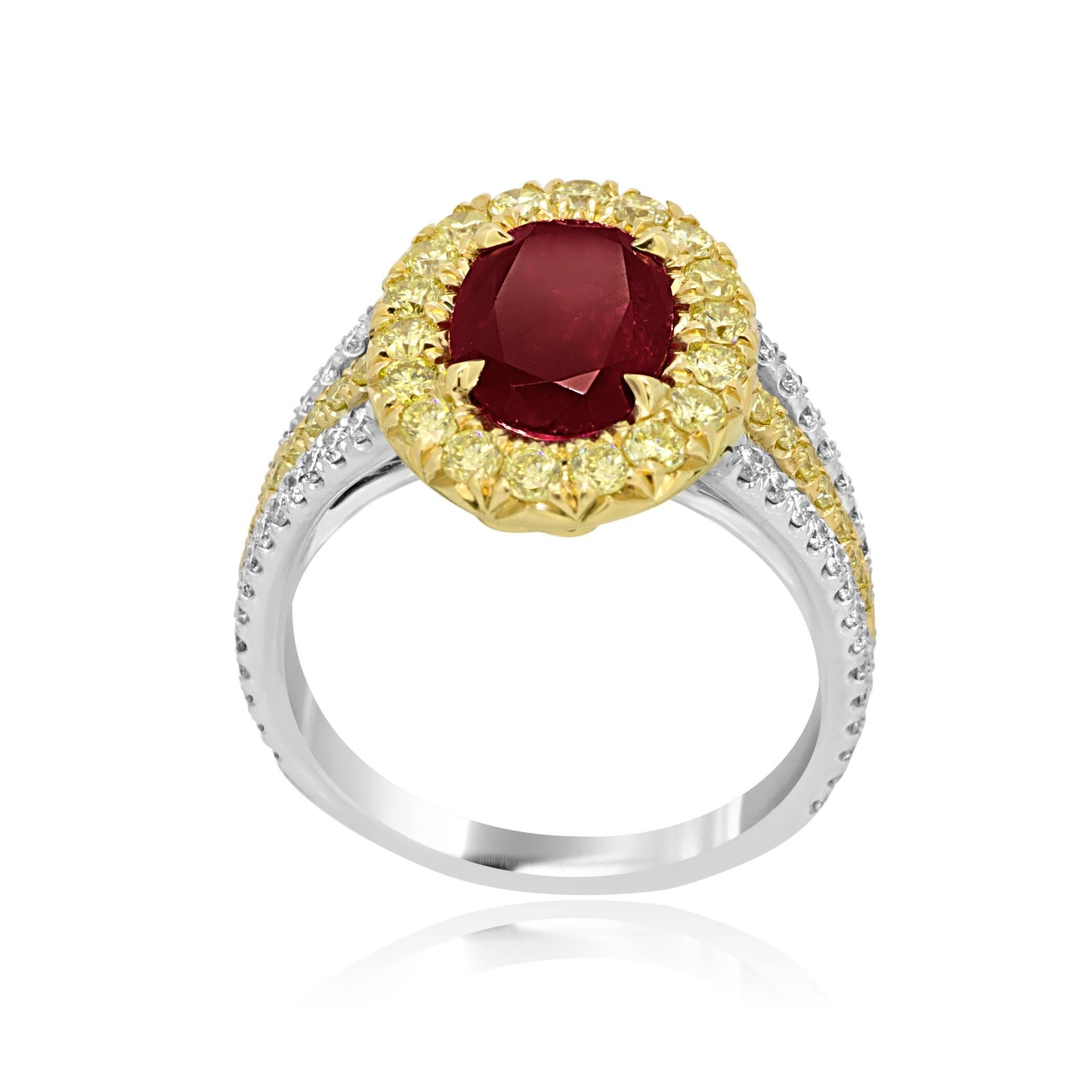 GIA Certified No Heat 1.98 Carat Natural Ruby Big look oval encircled in a halo of Natural Fancy yellow diamond 34 stones weighing 0.67 carat in three prong 18K white and yellow gold ring with white diamonds 56 stones weighing 0.47 carat With three