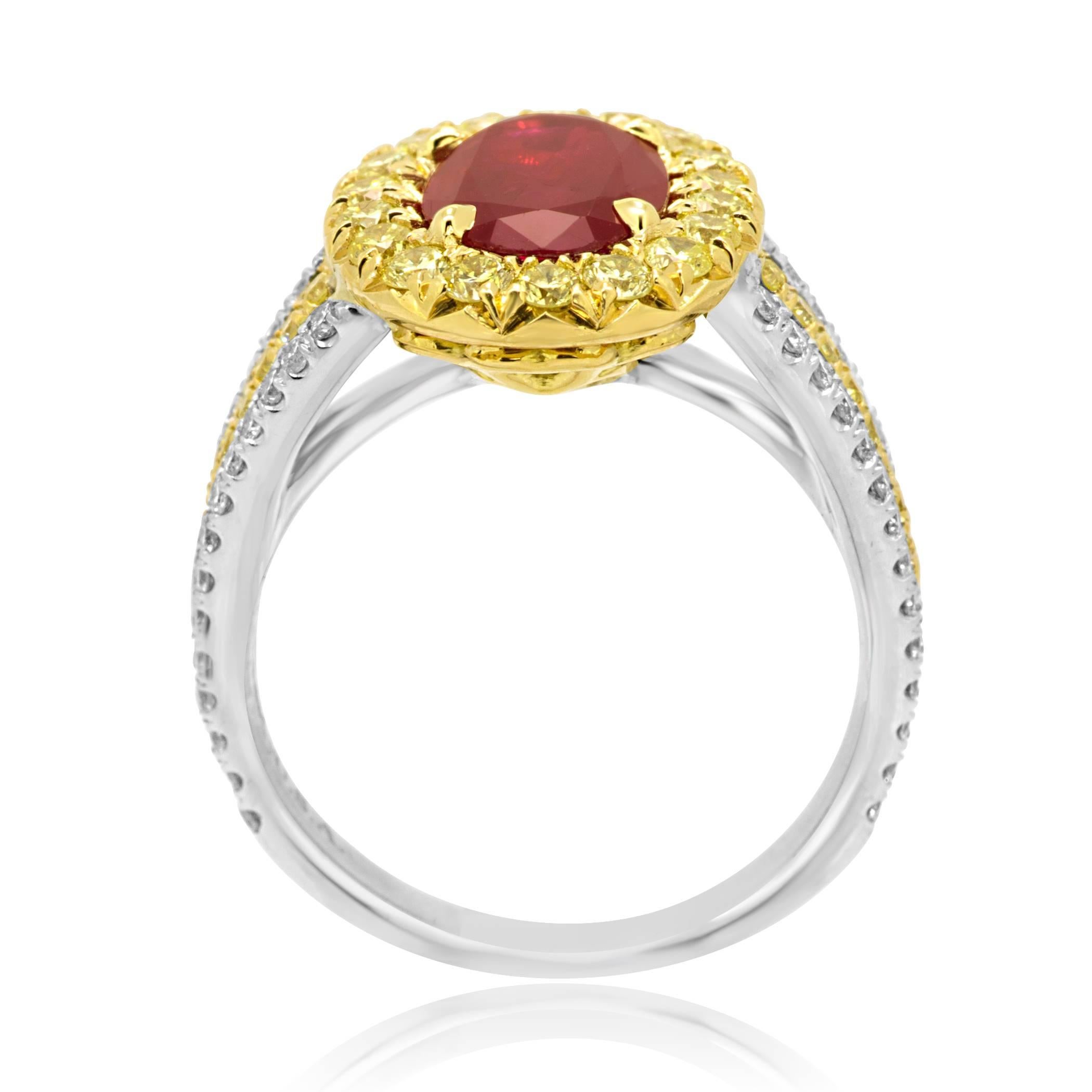 GIA Certified 1.98 Carat No Heat Ruby White and Yellow Diamond Two Color Gold Ri In Excellent Condition In NEW YORK, NY
