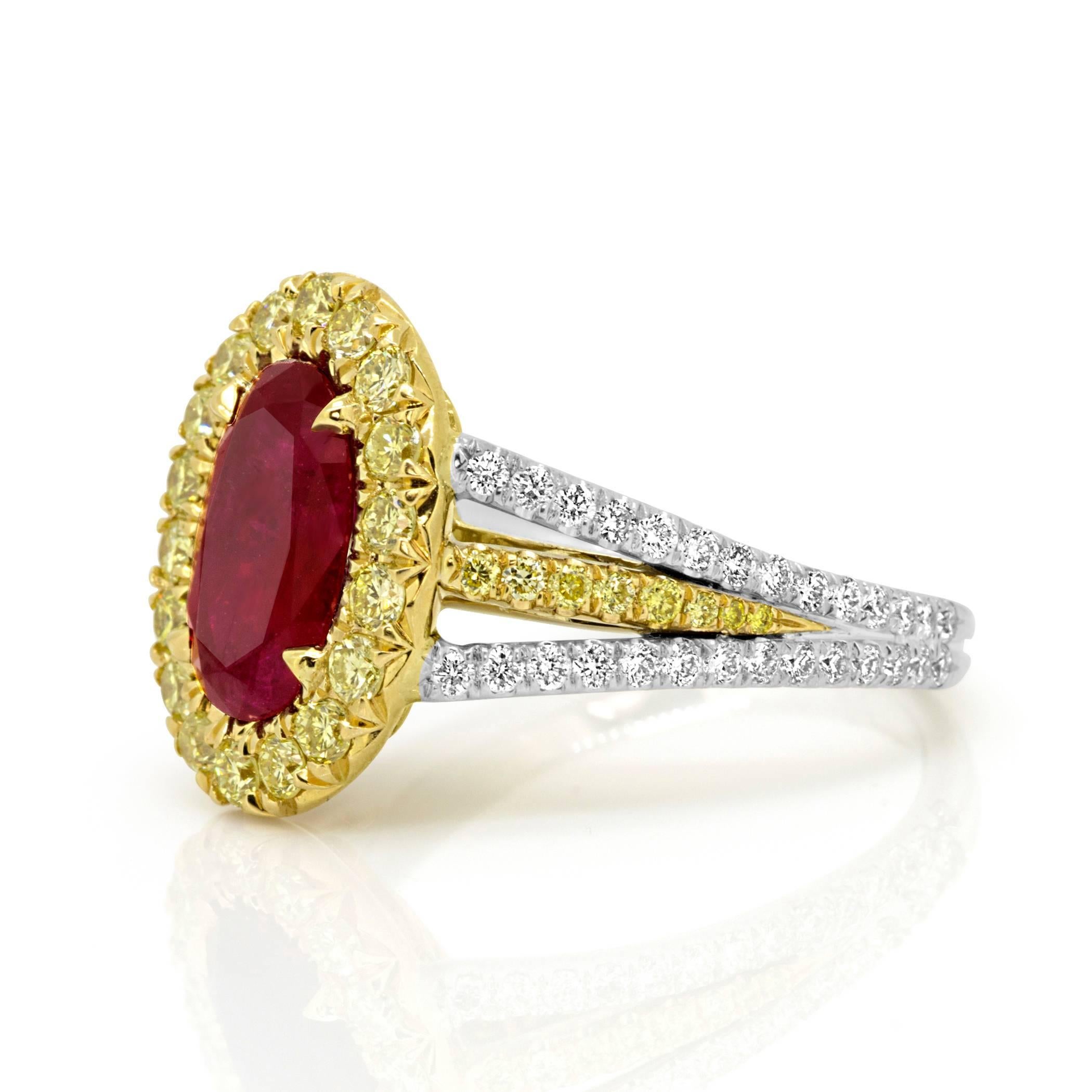 Modern GIA Certified 1.98 Carat No Heat Ruby White and Yellow Diamond Two Color Gold Ri