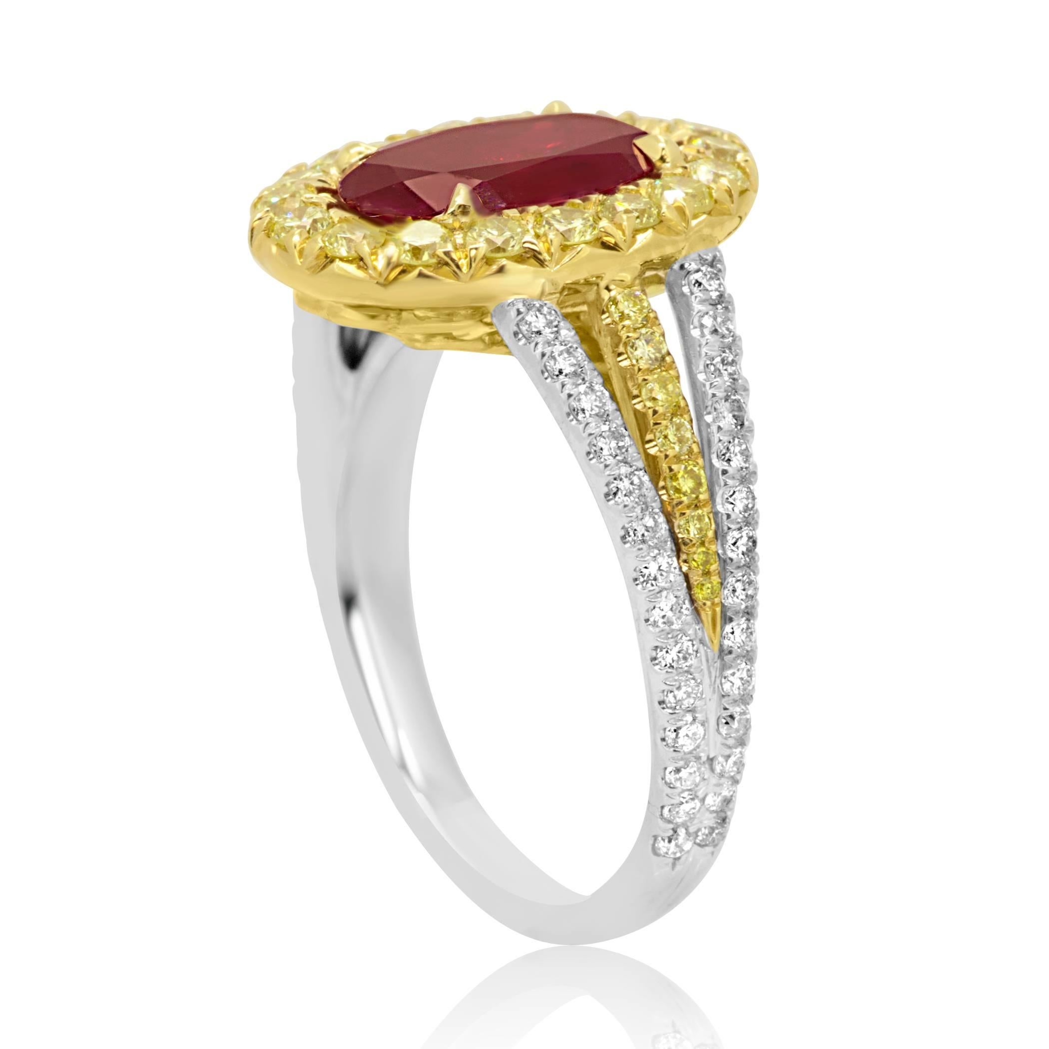 Women's GIA Certified 1.98 Carat No Heat Ruby White and Yellow Diamond Two Color Gold Ri