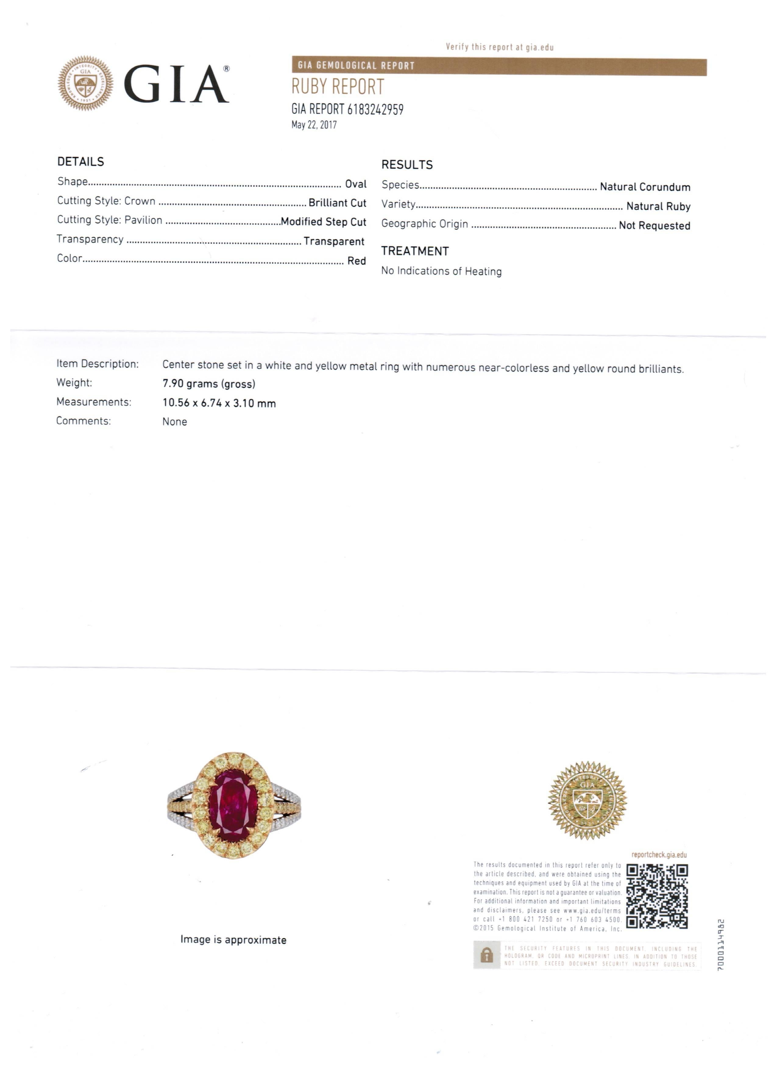 GIA Certified 1.98 Carat No Heat Ruby White and Yellow Diamond Two Color Gold Ri 3