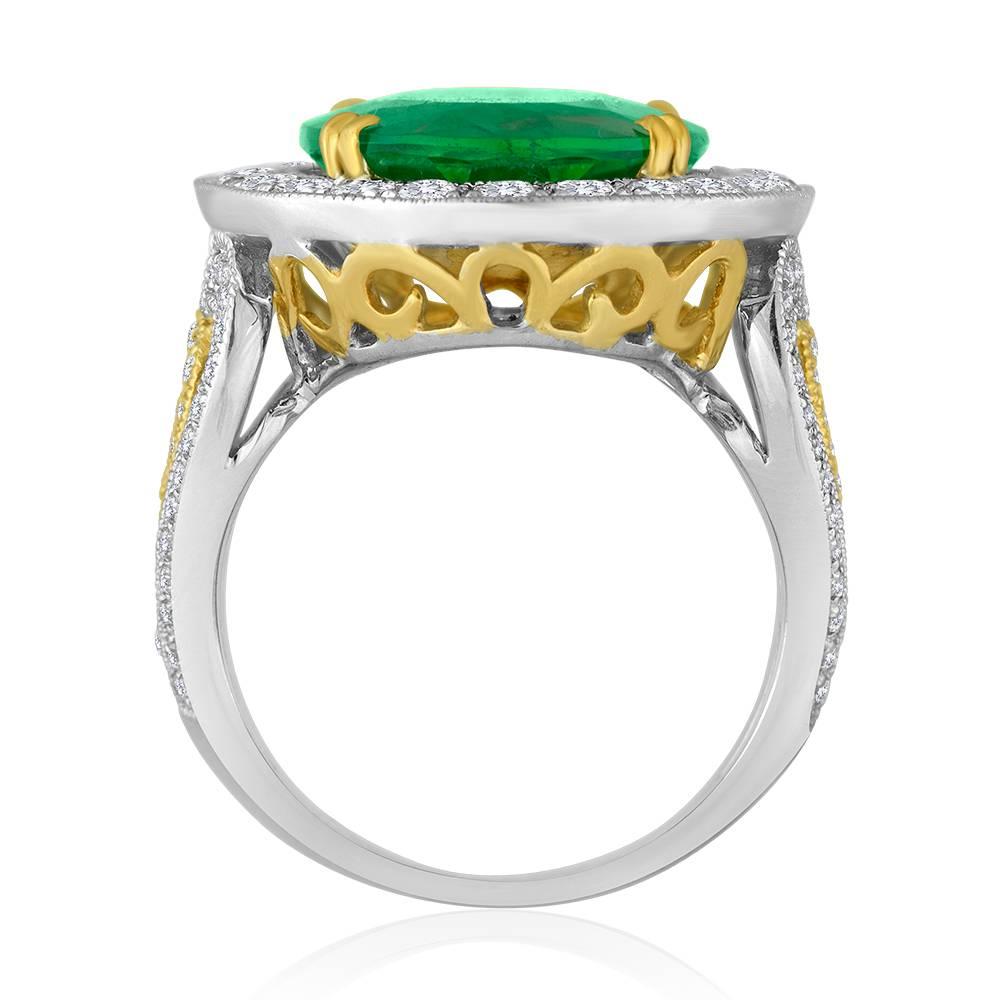 Modern GIA Certified 9.01 Carat Oval Emerald Diamond Two Color Gold Ring