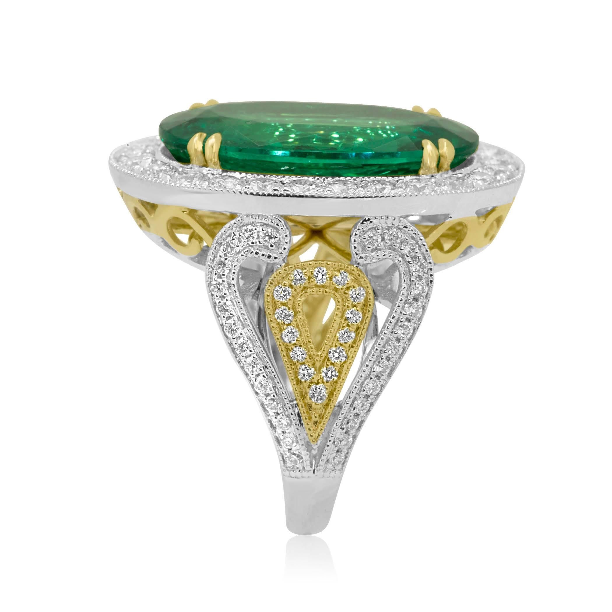 GIA Certified 9.01 Carat Oval Emerald Diamond Two Color Gold Ring 1