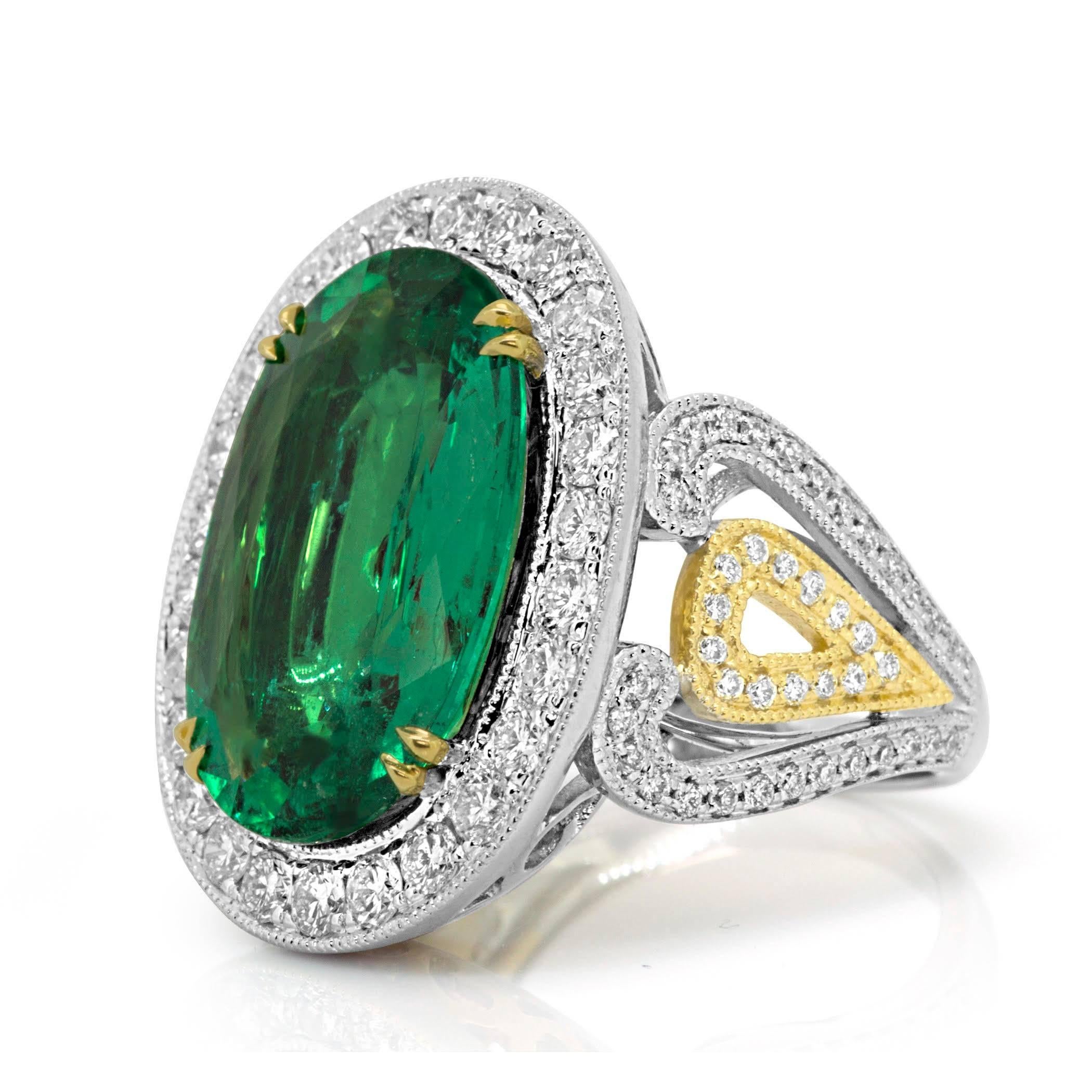 GIA Certified 9.01 Carat Oval Emerald Diamond Two Color Gold Ring 2