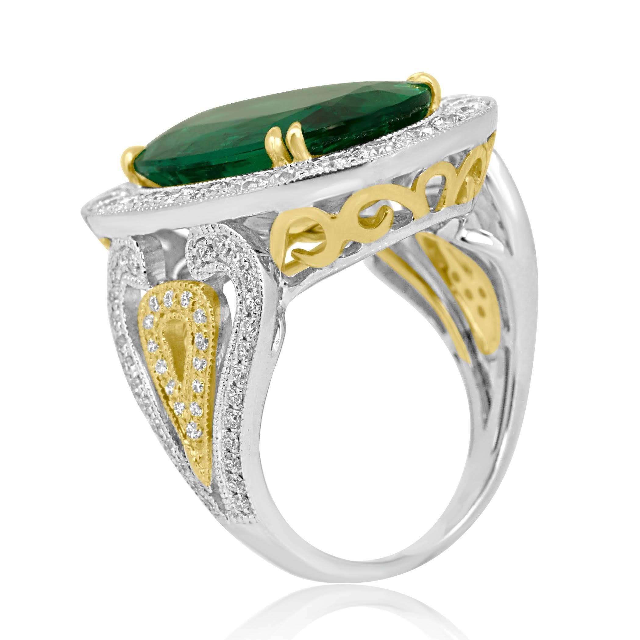 GIA Certified 9.01 Carat Oval Emerald Diamond Two Color Gold Ring 3