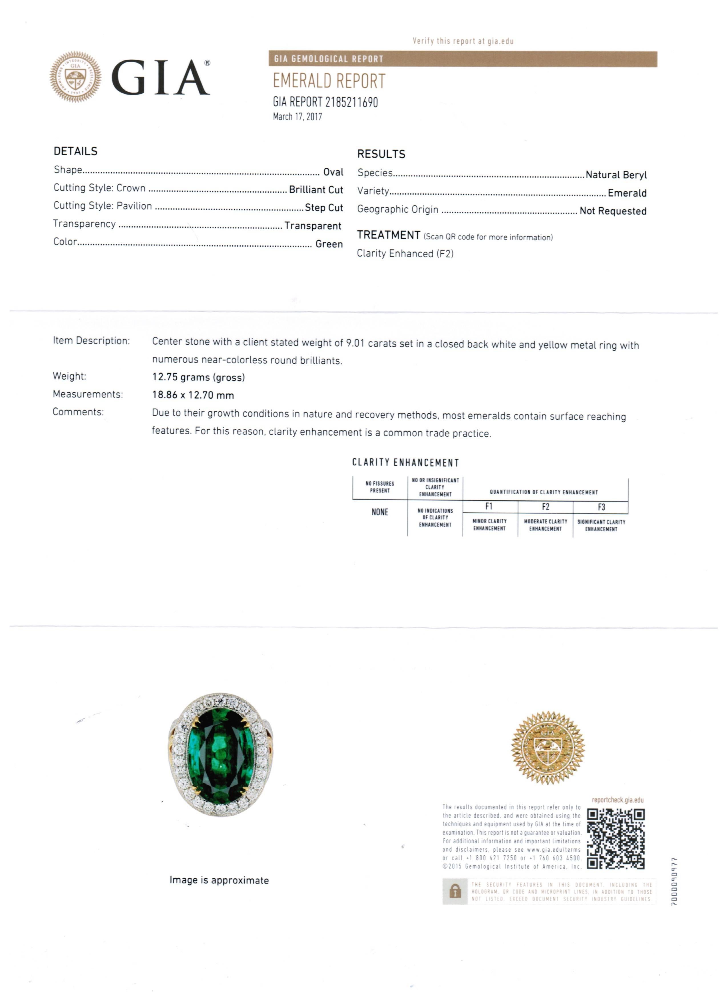 GIA Certified 9.01 Carat Oval Emerald Diamond Two Color Gold Ring 5