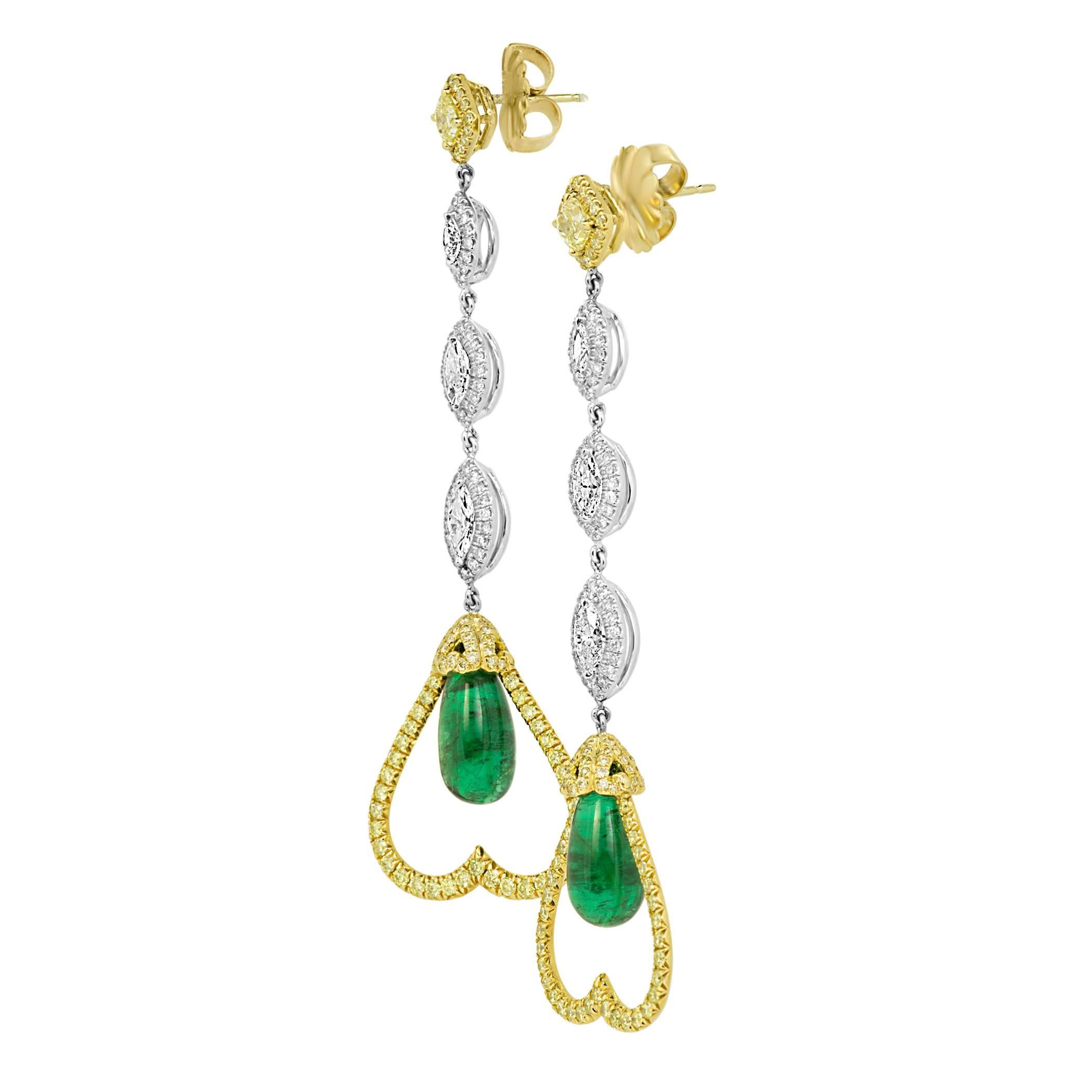 Modern Emerald Drops White Yellow Diamond 14.34 Carat Two-Color Gold Dangle Earring