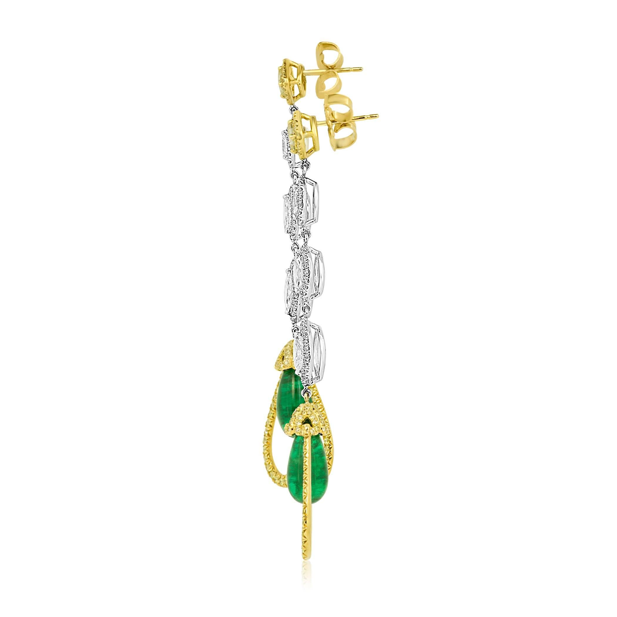 Briolette Cut Emerald Drops White Yellow Diamond 14.34 Carat Two-Color Gold Dangle Earring