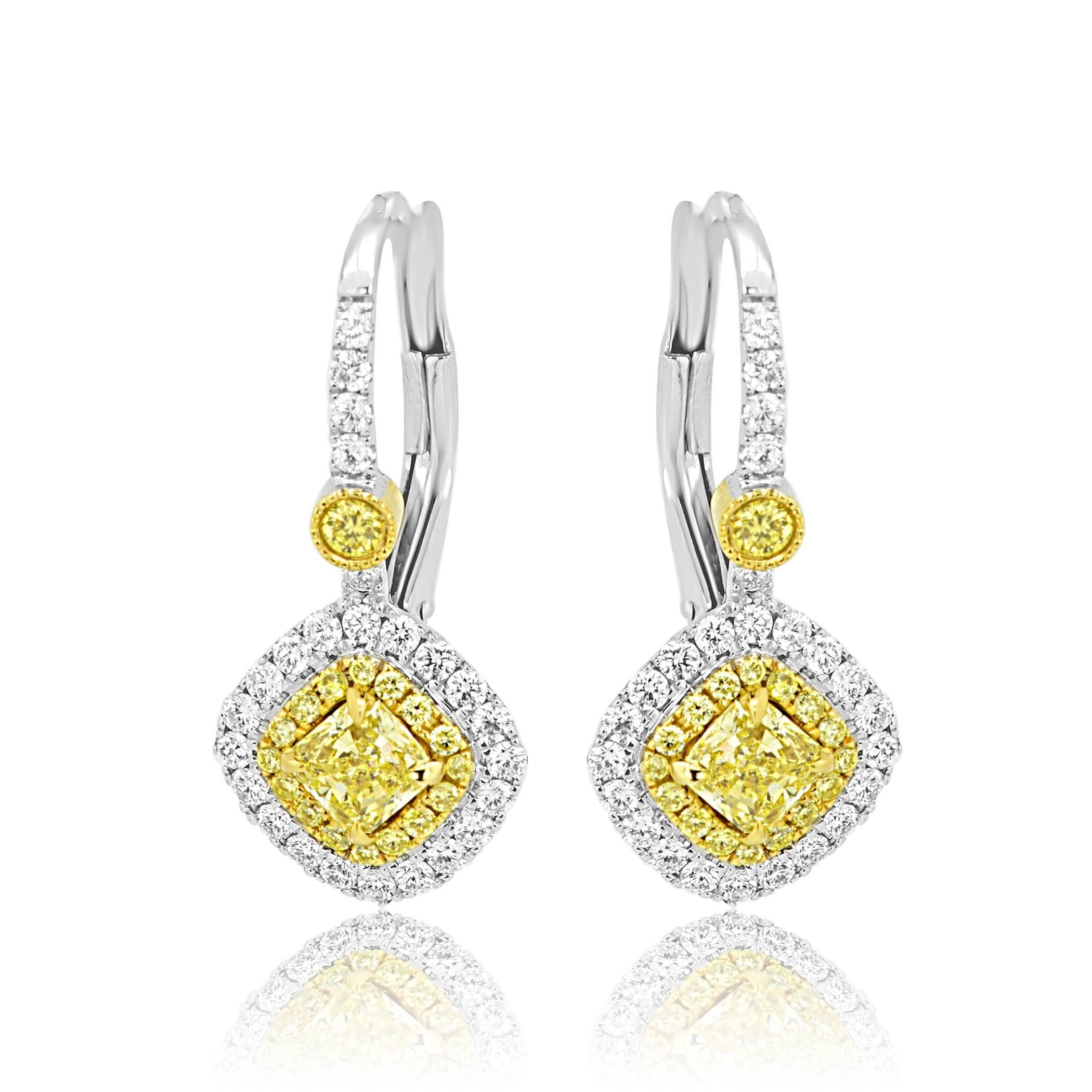 2 Natural Fancy Yellow Radiant 0.65 Carat Encircled in Double Halo of Natural Yellow Diamond 0.25 Carat and White Diamond 0.50 Carat In 18K White and Yellow Gold Fashion Drop Dangle Earring.

Style available in different price ranges. Prices are