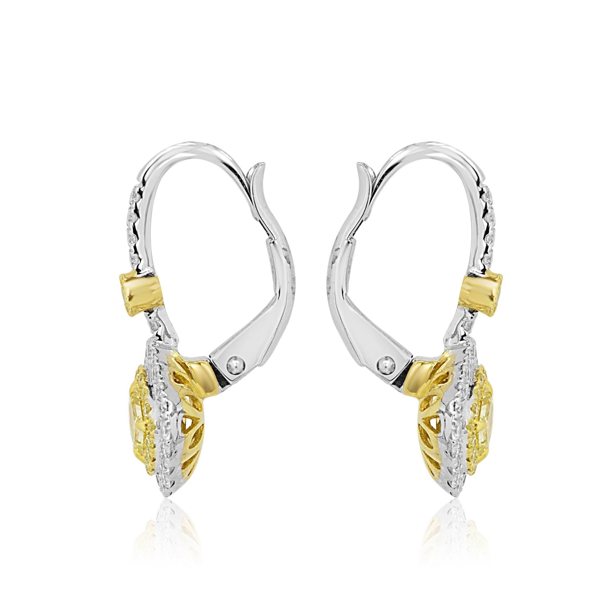 Modern Fancy Yellow and Diamond Two-Color Gold Double Halo Fashion Drop Dangle Earring