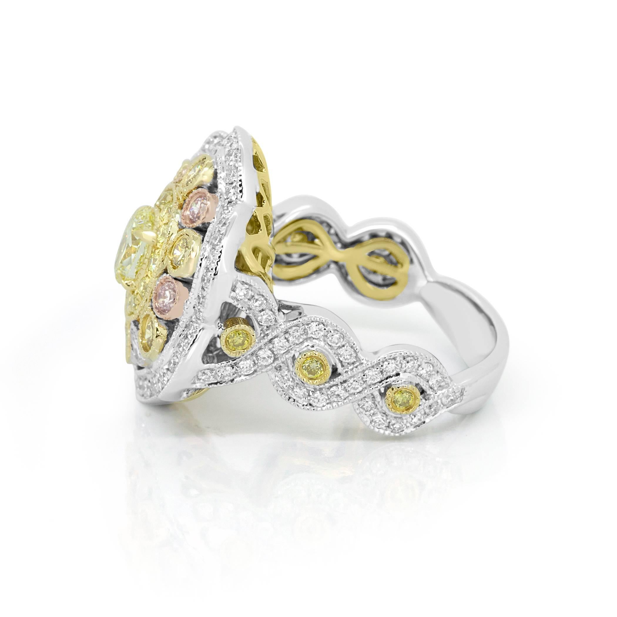 Natural Fancy Yellow Pink and White Diamond Three Color Gold Cocktail Ring 1