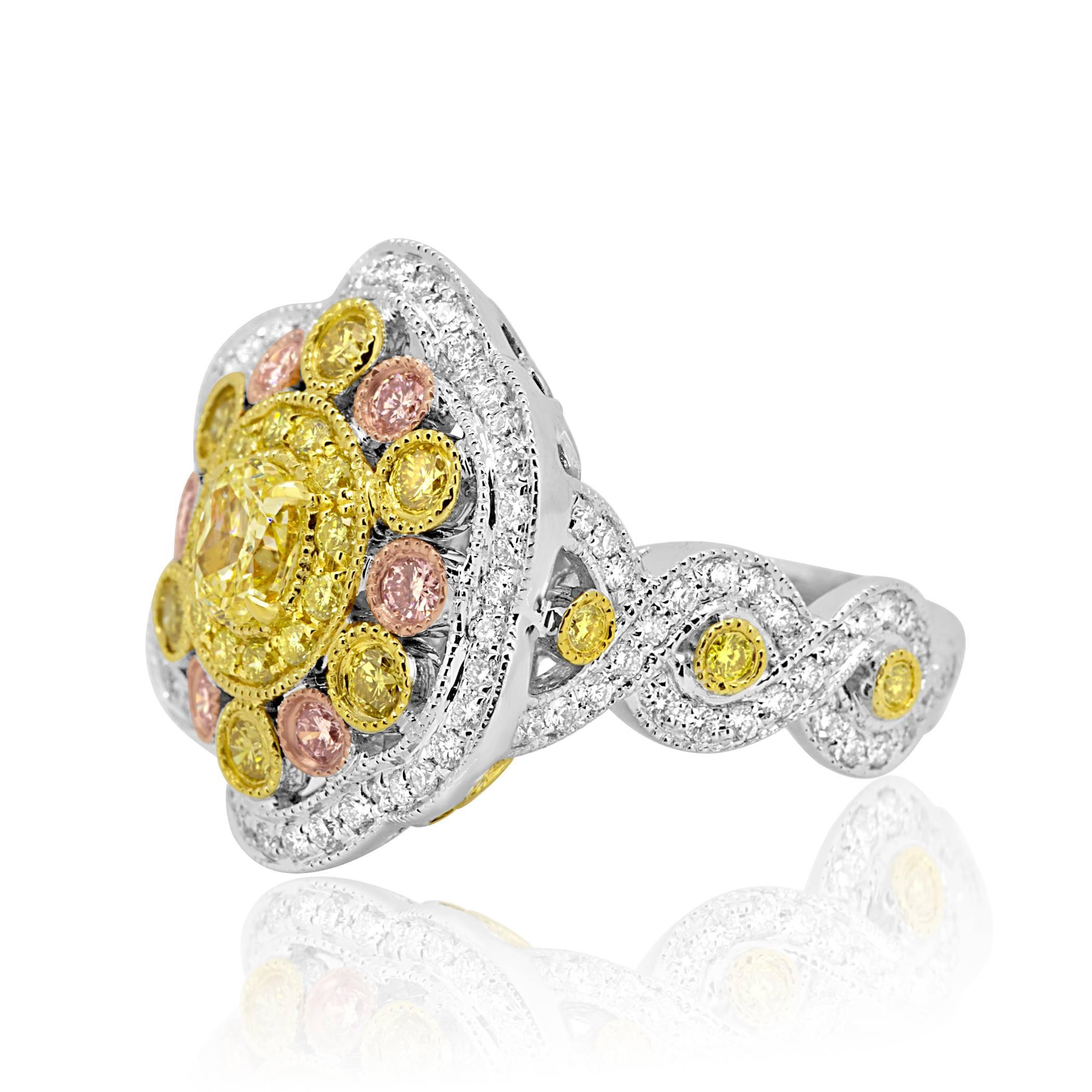 Natural Fancy Yellow Pink and White Diamond Three Color Gold Cocktail Ring In Excellent Condition In NEW YORK, NY