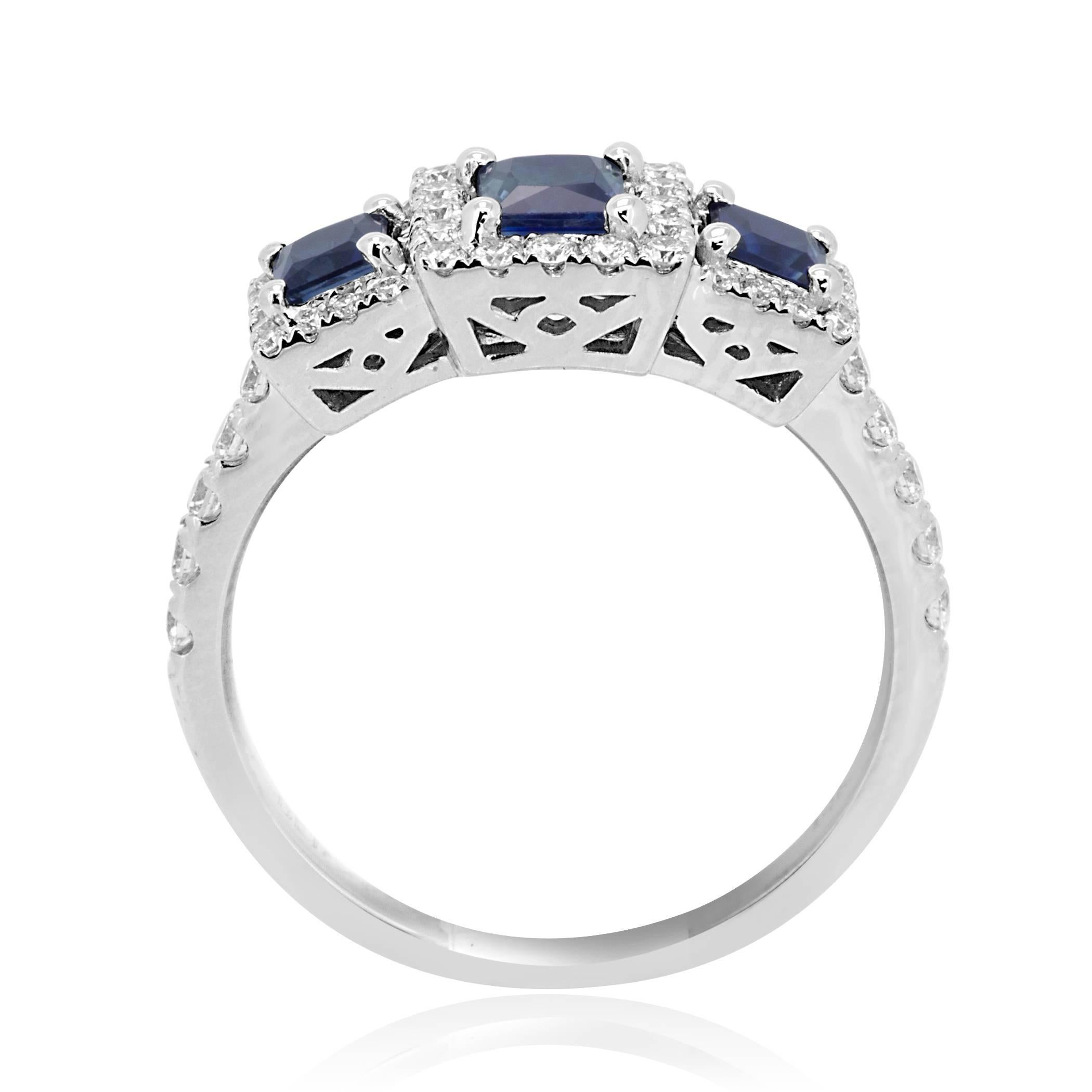 Contemporary Blue Sapphire Diamond Halo Three Stone Gold Fashion Cocktail Ring