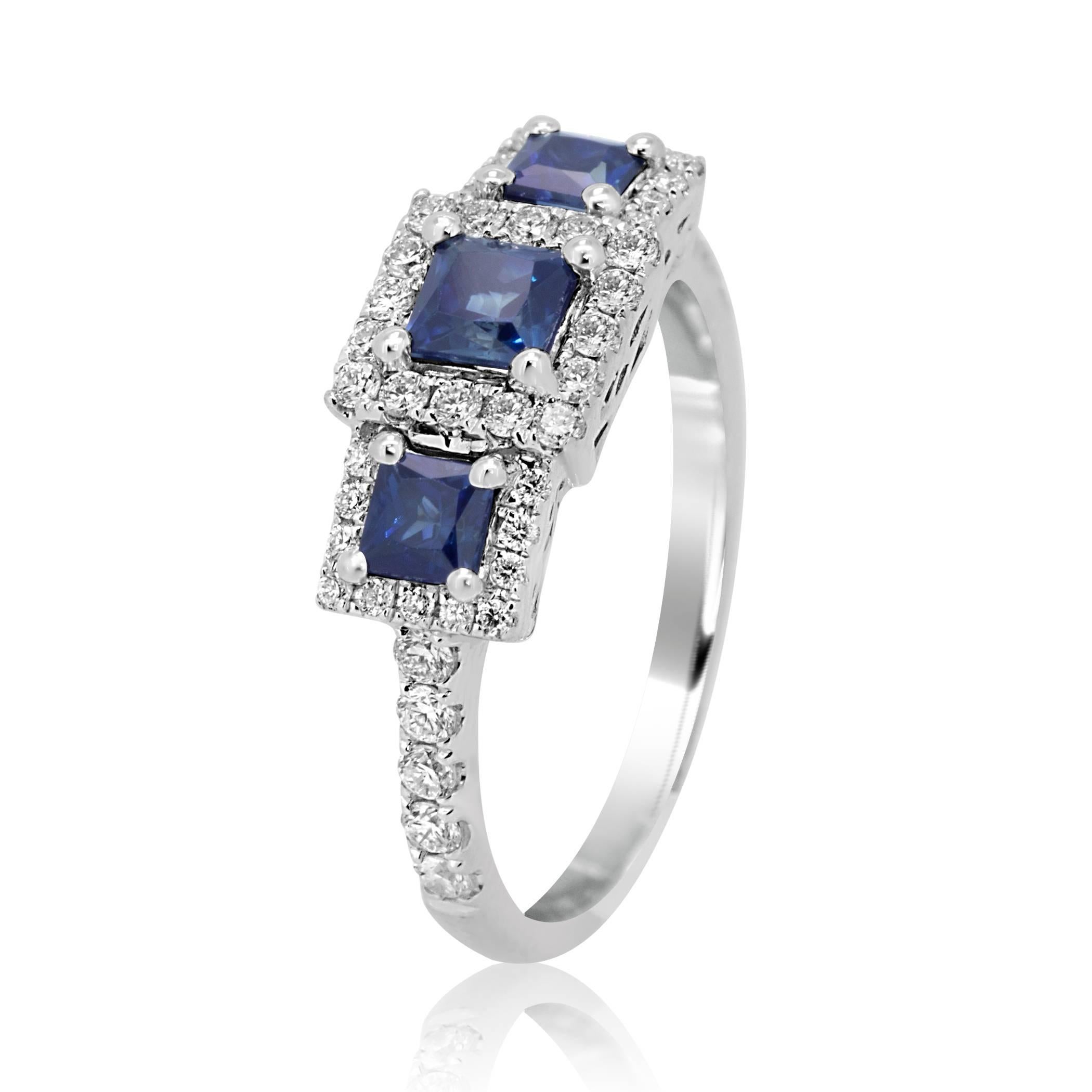 Princess Cut Blue sapphire three stone 0.85 carat encircled in Halo of White Diamond Round 48 stones 0.41 carat in 14K White Gold Three Stone Fashion Cocktail Ring.

Style available in different price ranges can be customized or custom made as per