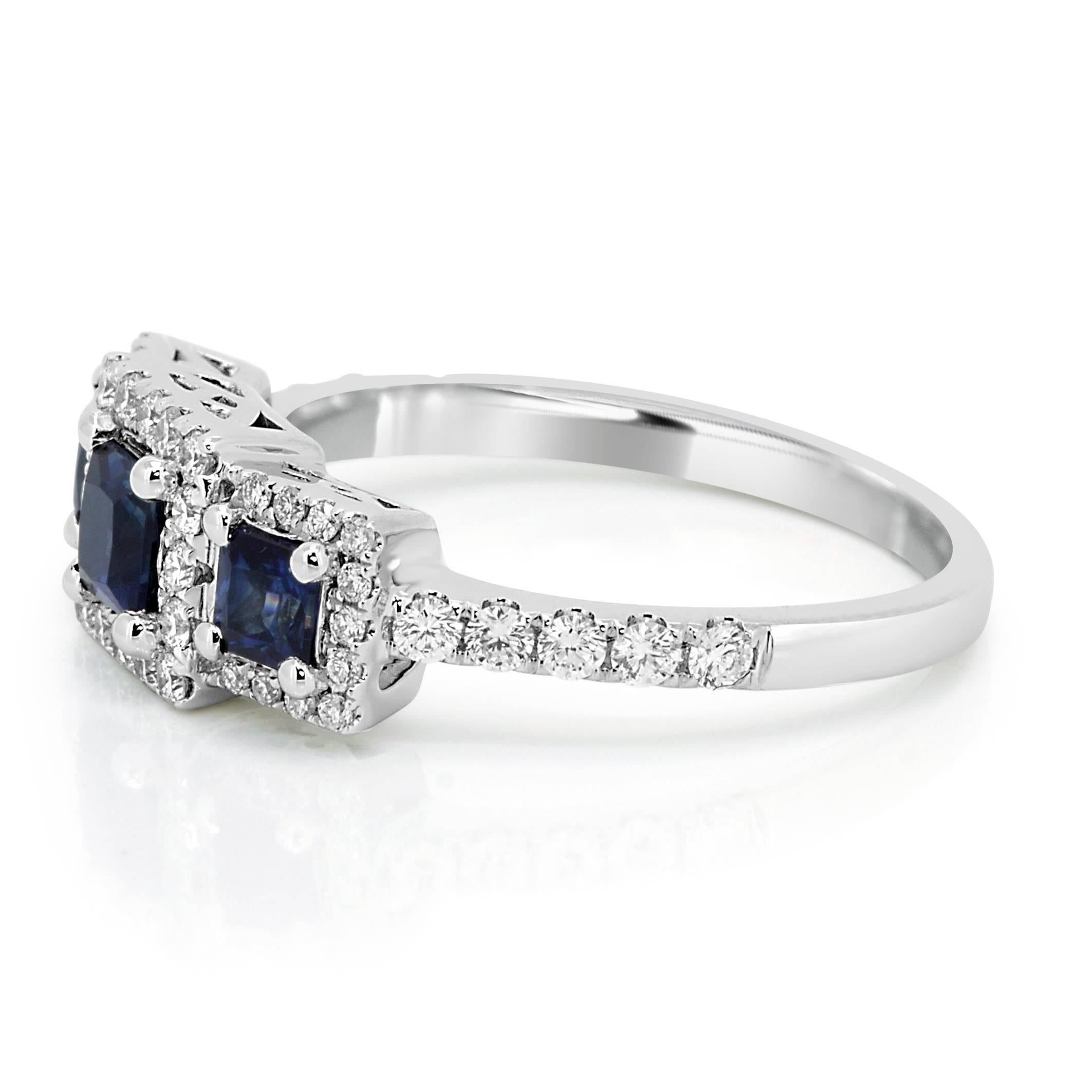 Blue Sapphire Diamond Halo Three Stone Gold Fashion Cocktail Ring In New Condition In NEW YORK, NY