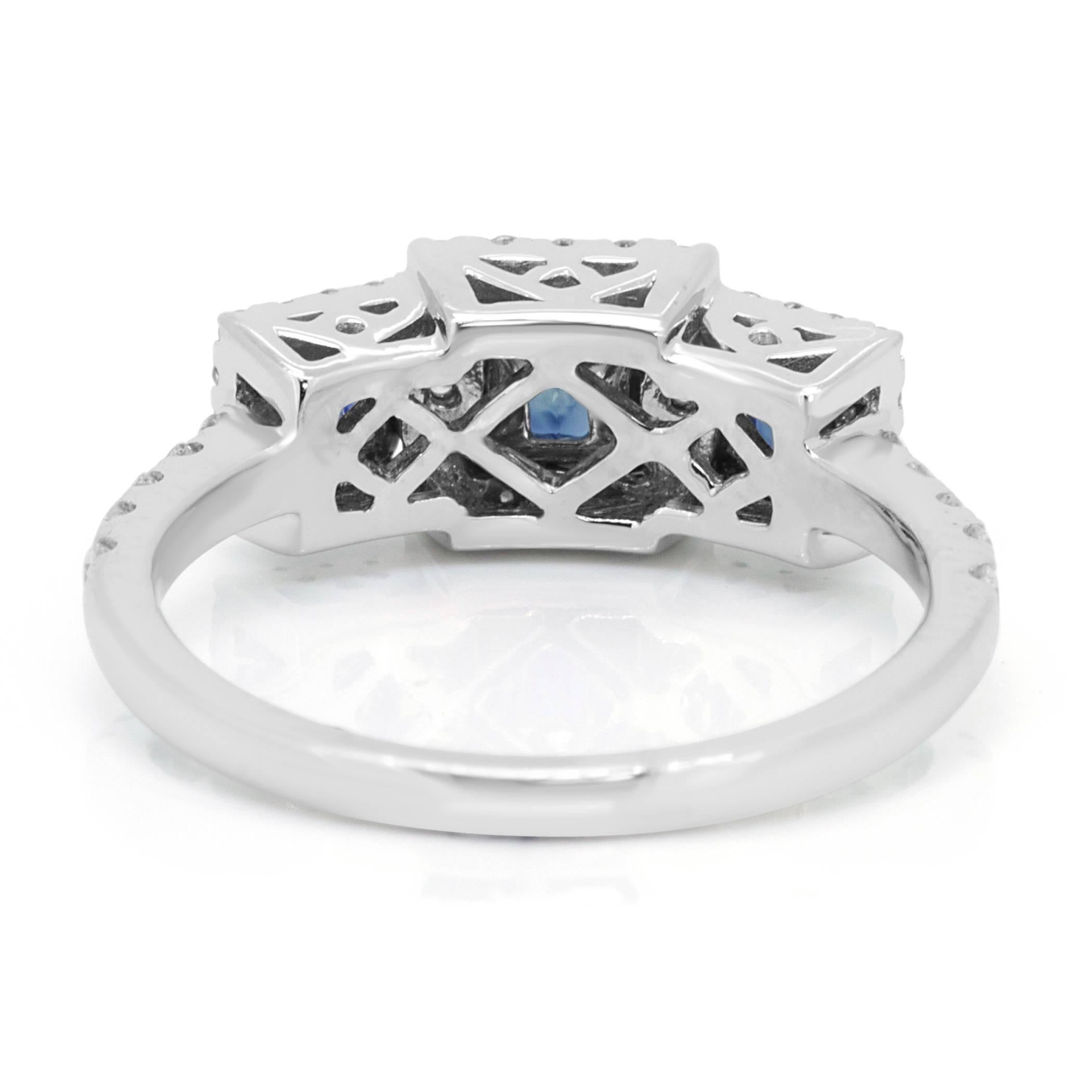 Women's Blue Sapphire Diamond Halo Three Stone Gold Fashion Cocktail Ring